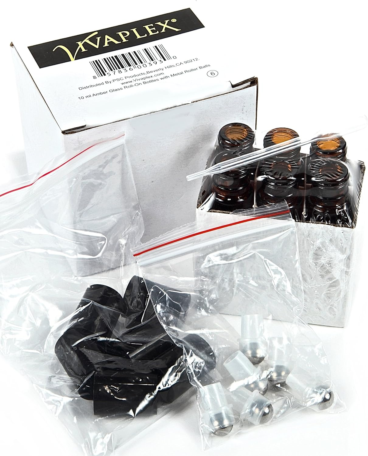 Vivaplex, 6, Amber, 10 Ml Glass Roll-On Bottles with Stainless Steel Roller Balls - .5 Ml Dropper Included image number 1