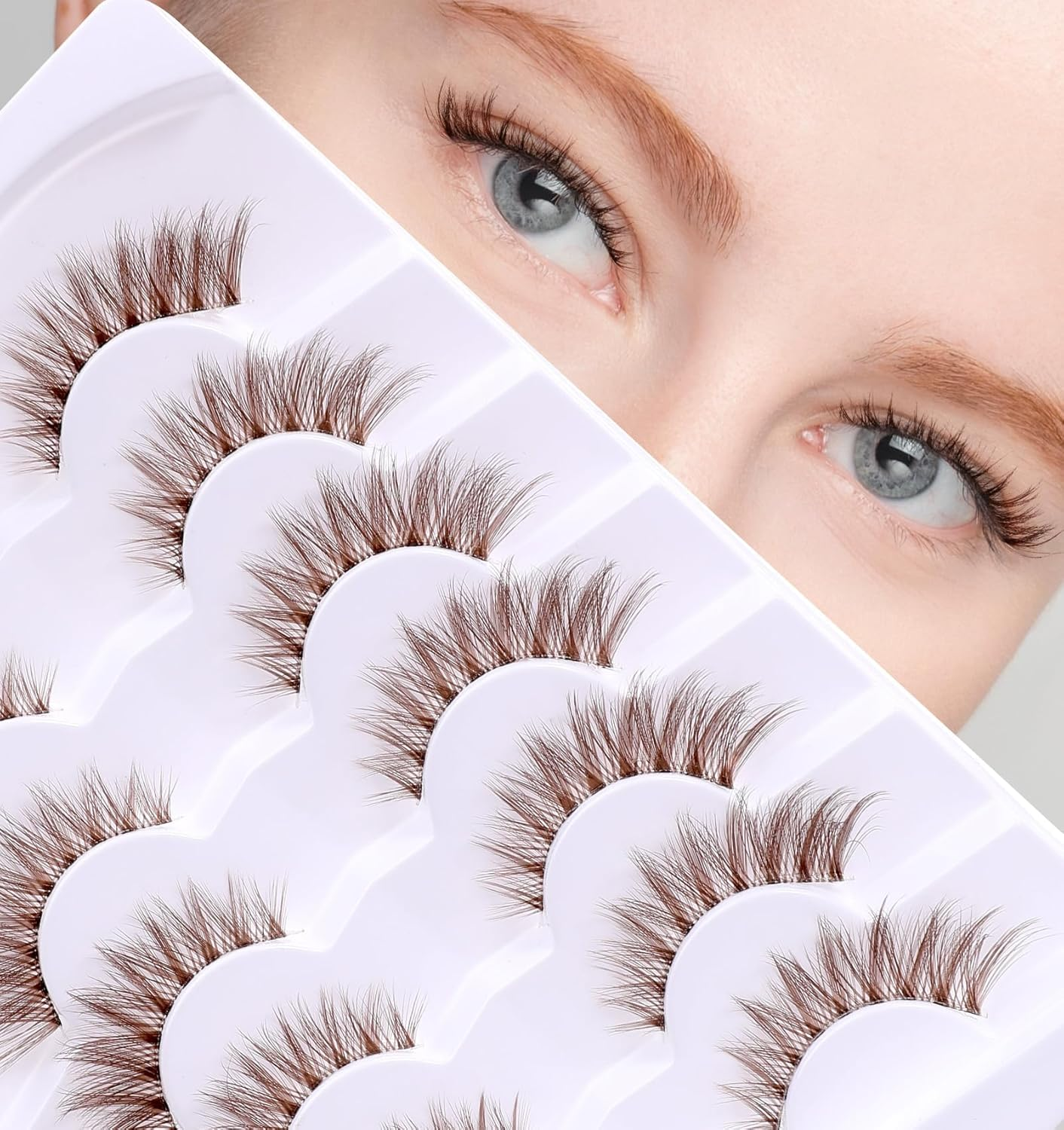 Brown Eyelashes, 7 Pairs Dark Brown Lash Strips, Natural Look D Curl & Lightweight Cat Eye Wispy False Eyelashes with Clear Band for Daily Wear, Women, Makeup Beginners image number 5