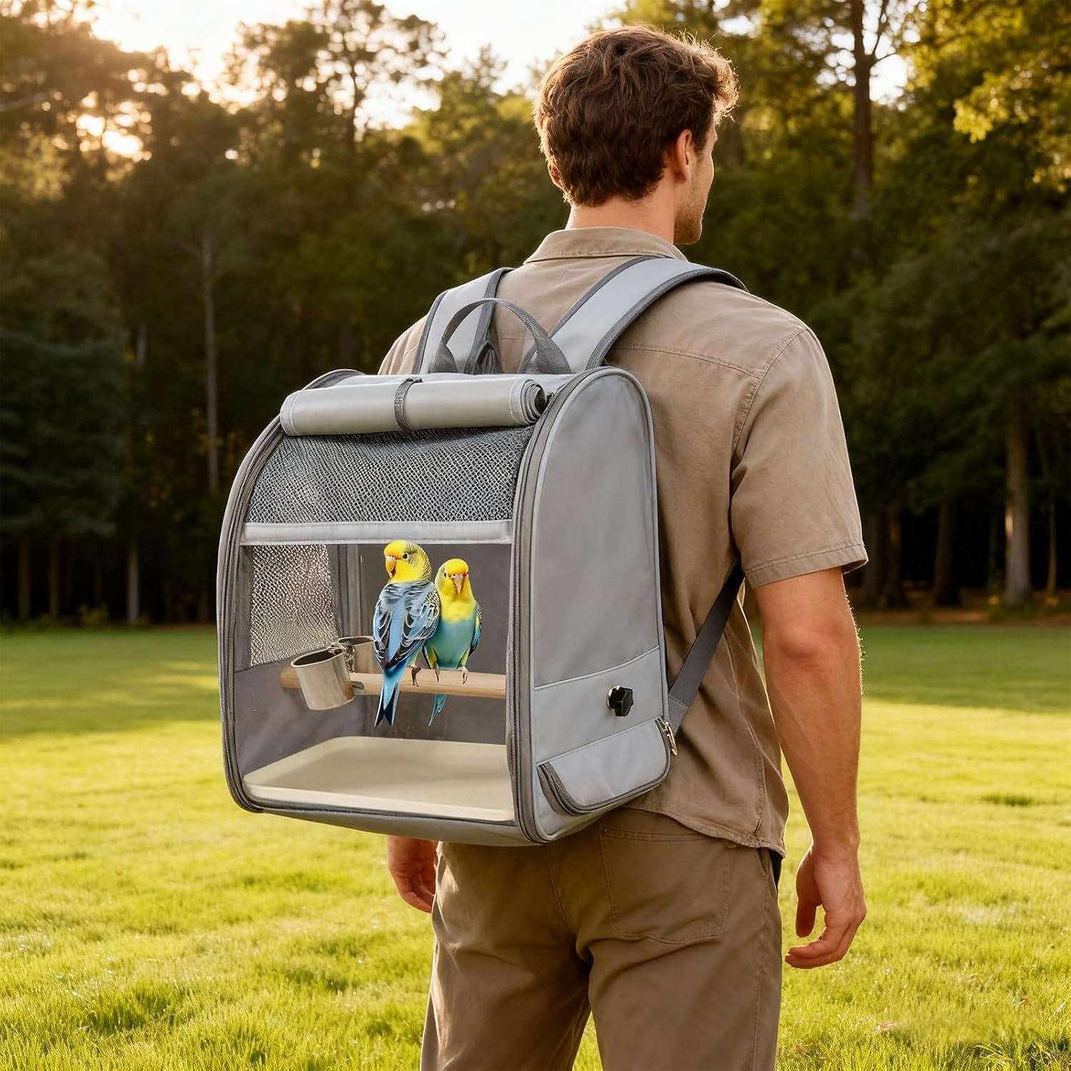 Bird Carrier Backpack, Transport Container for Birds with Feeder & Faeces Receiver, Bird Travel Cage Portable Pet Cage Made of Breathable Mesh for Small Parakeets Budgies image number 6