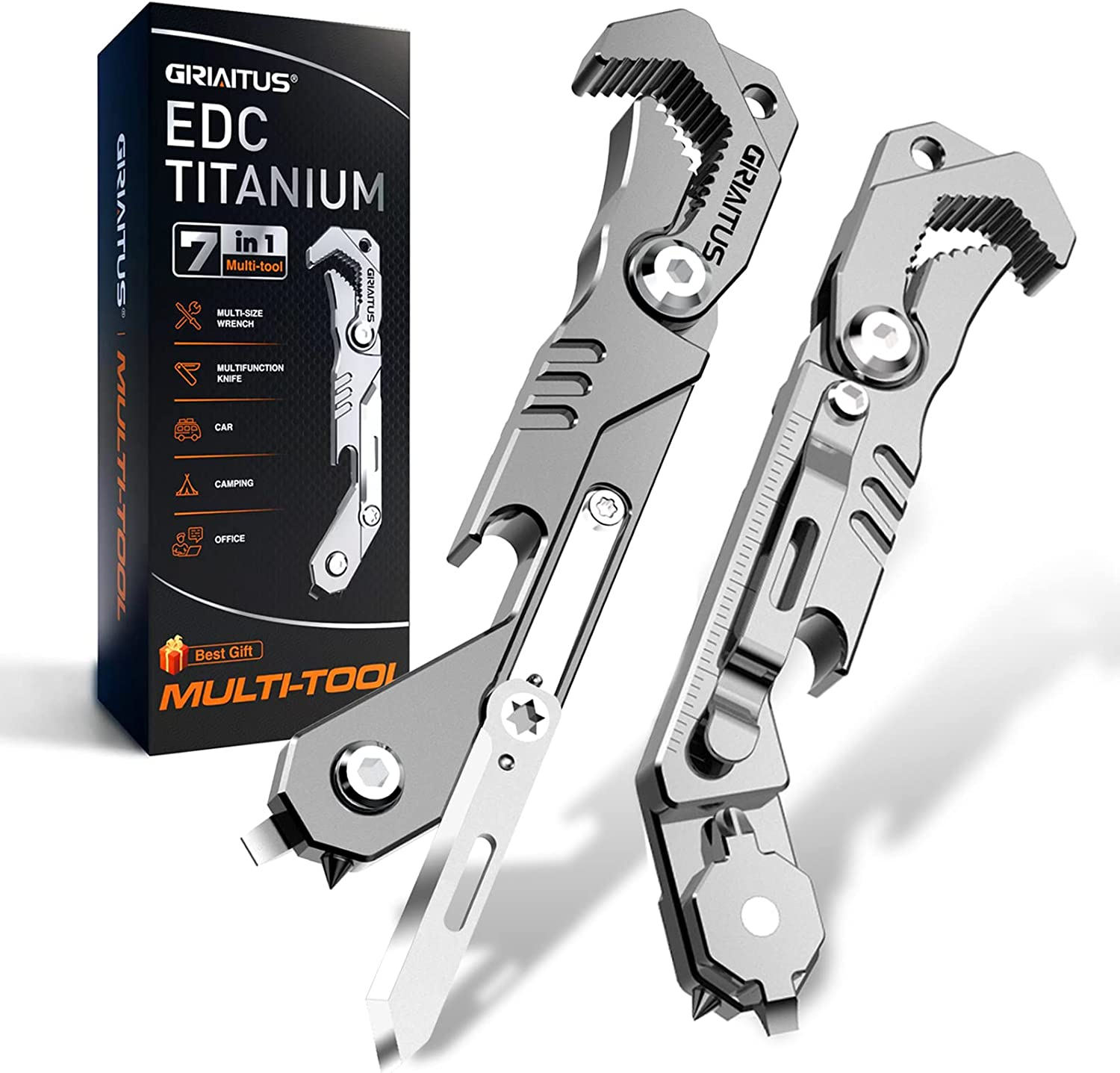 EDC Multitool 7 in 1 with Knife, Wrench, Folding Knife, Screwdriver, Bottle Opene, Ruler, Urgent Car Window Breaker and Seatbelt Cutter, EDC Pocket Multi Tool for Gifts for Men (Bright Silver) image number 1