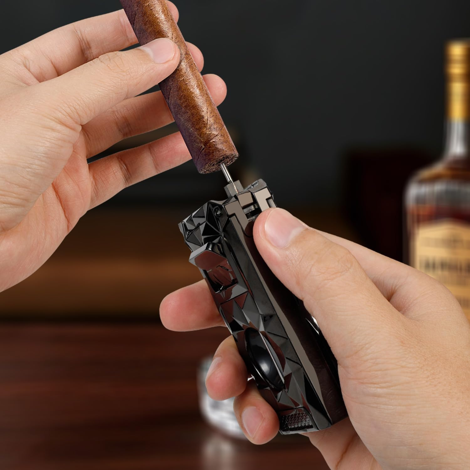 Torch Lighter with Windproof Jet Flame, Built-In V Cutter & Needle, Refillable Butane Gas Metal Lighter, Multifunctional All-In-One Pocket Lighters for Candles Men Gifts (Without Gas) (Black) - Black image number 3