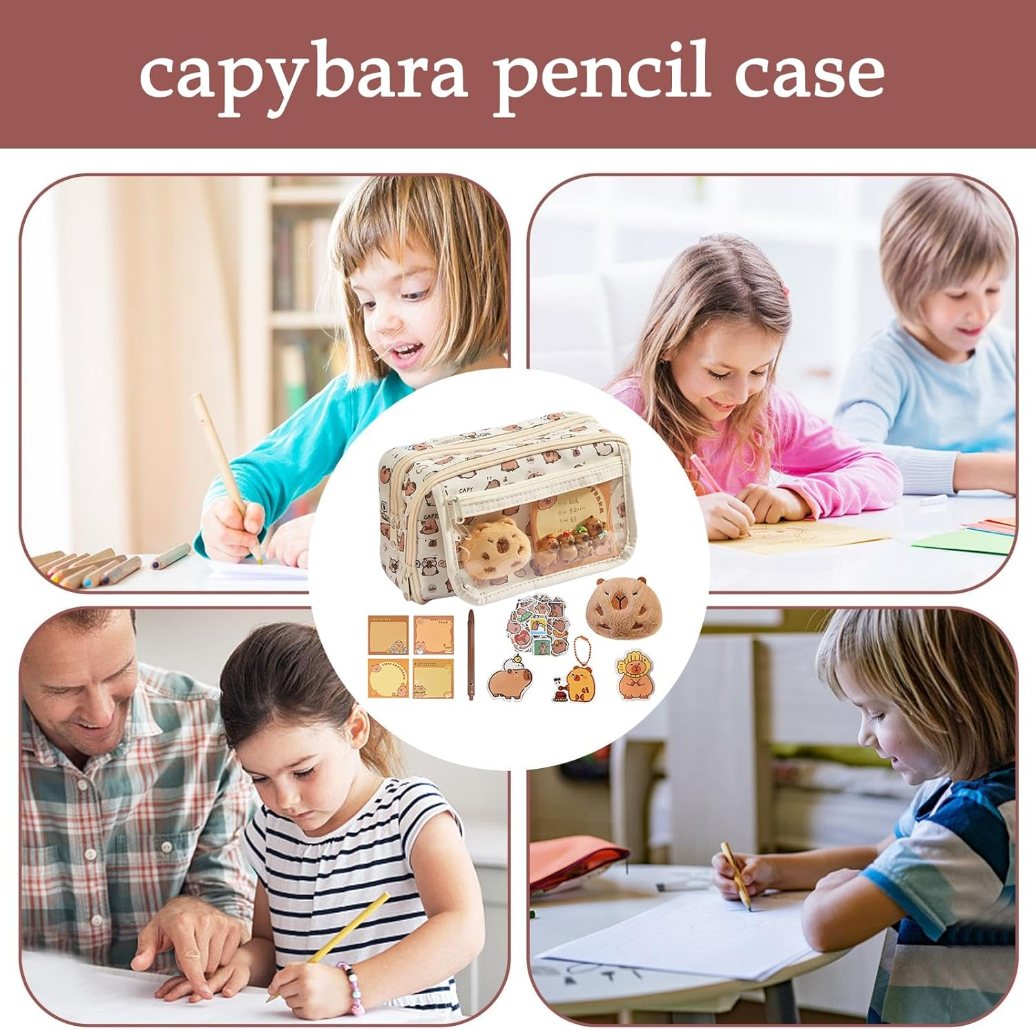 Generisch Capybara Plush Pencil Case - Cute Pen Holder Pencil Bag | Wide Opening Pencil Case, Office Supplies with 9 Compartments, Funny Cute Pen Holder Bag image number 2