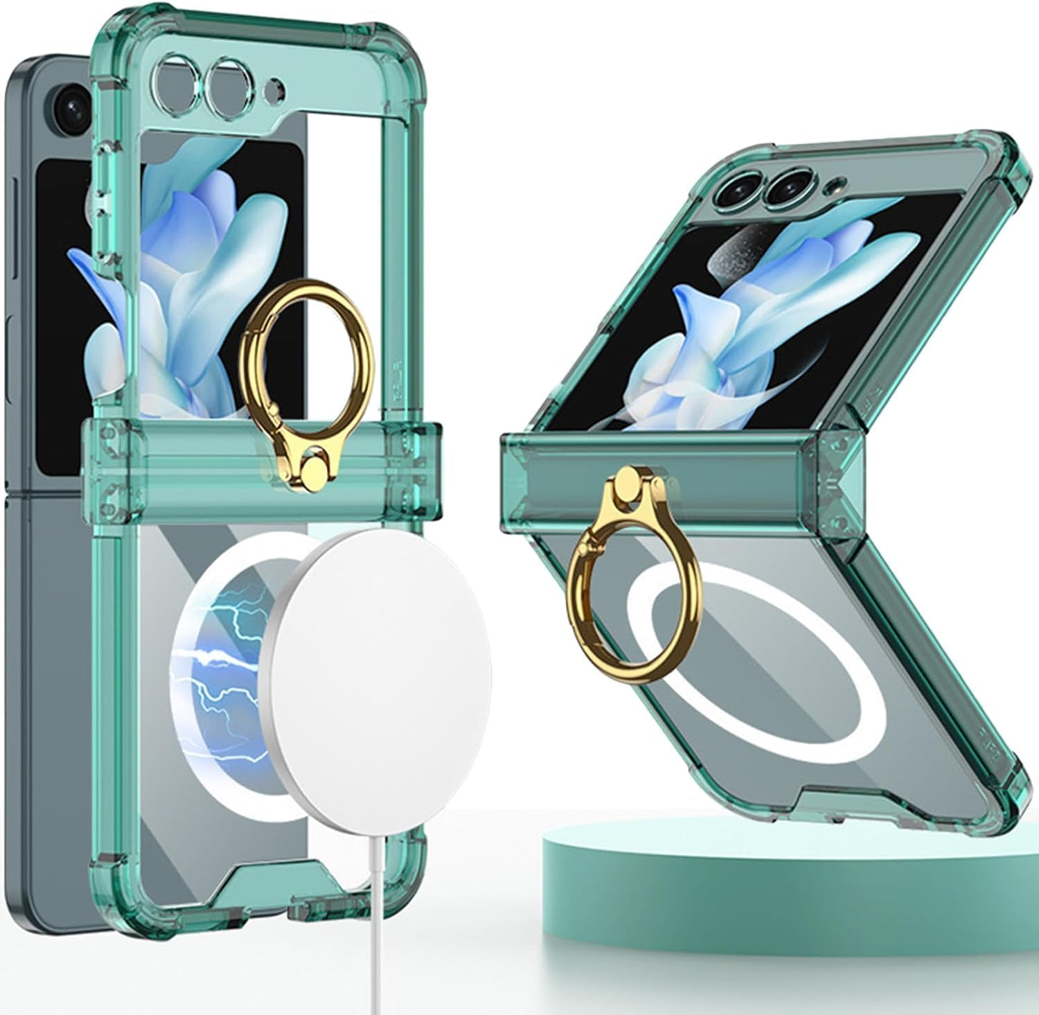 RUNGOS Magnetic Clear for Samsung Z Flip 7 Case Magsafe with Ring Stand [Hinge Protection] [360&deg; Rotatable Ring Holder] [Mil-Grade 4-Corner Airbag Reinforcement] Cover for Samsung Galaxy Z Flip 7 Case