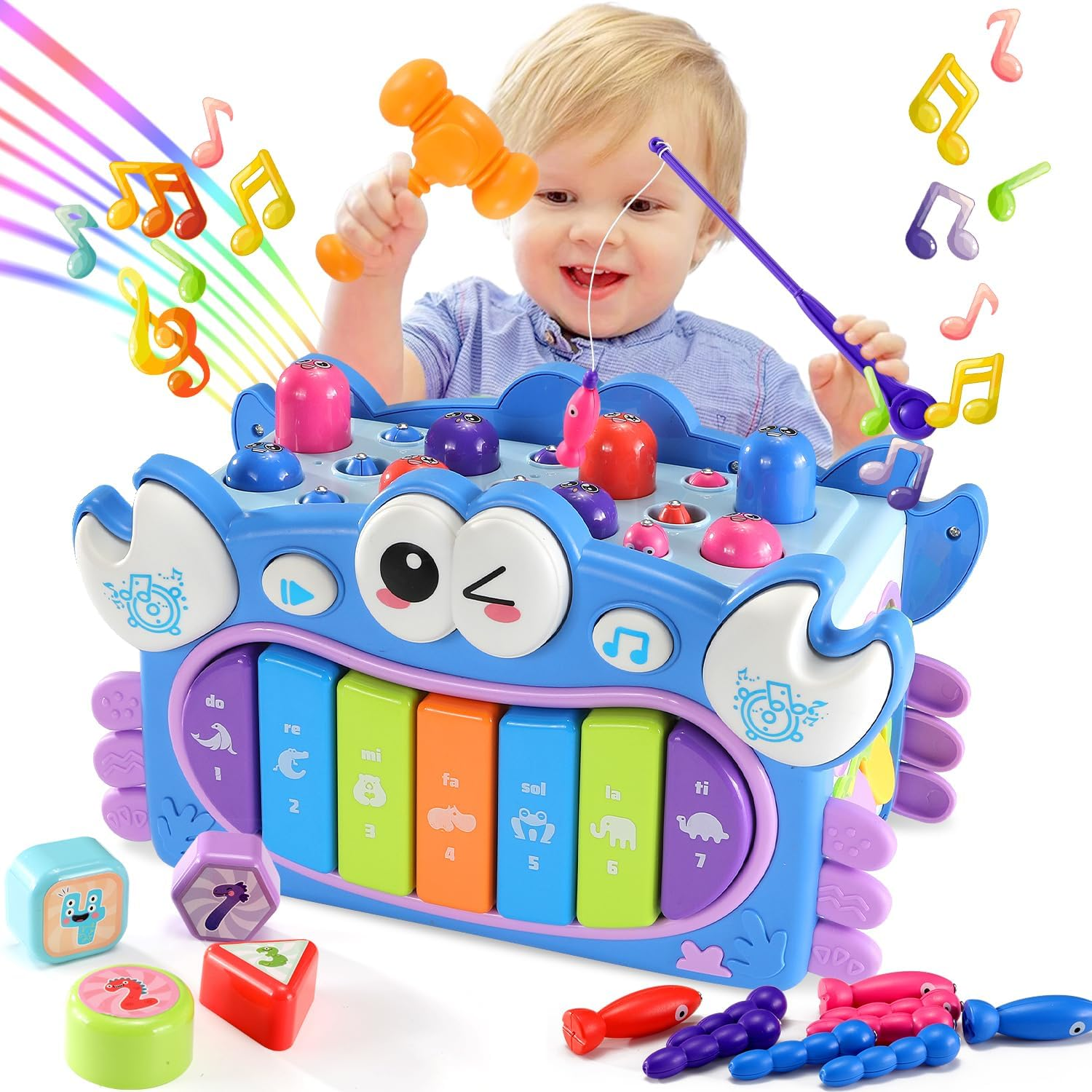 15 in 1 Crab Activity Cube Toy, Hammering Pounding Toys with Music Lights, Montessori Educational Learning Toys for 3 Years Old Girl Birthday (Orange)