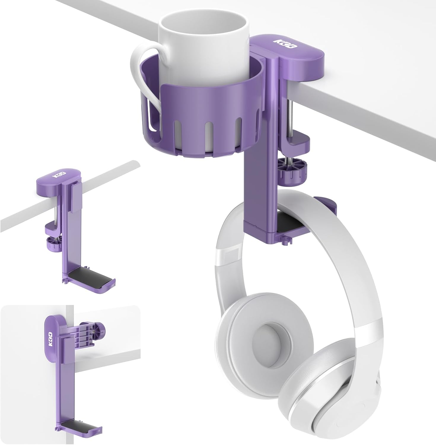 KDD 2 in 1 Headphone Hanger with Desk Cup Holder - under Desk Clamp Rotatable Headset Holder - Suitable for Coffee Mups, Water Cups, Headphone(Black)