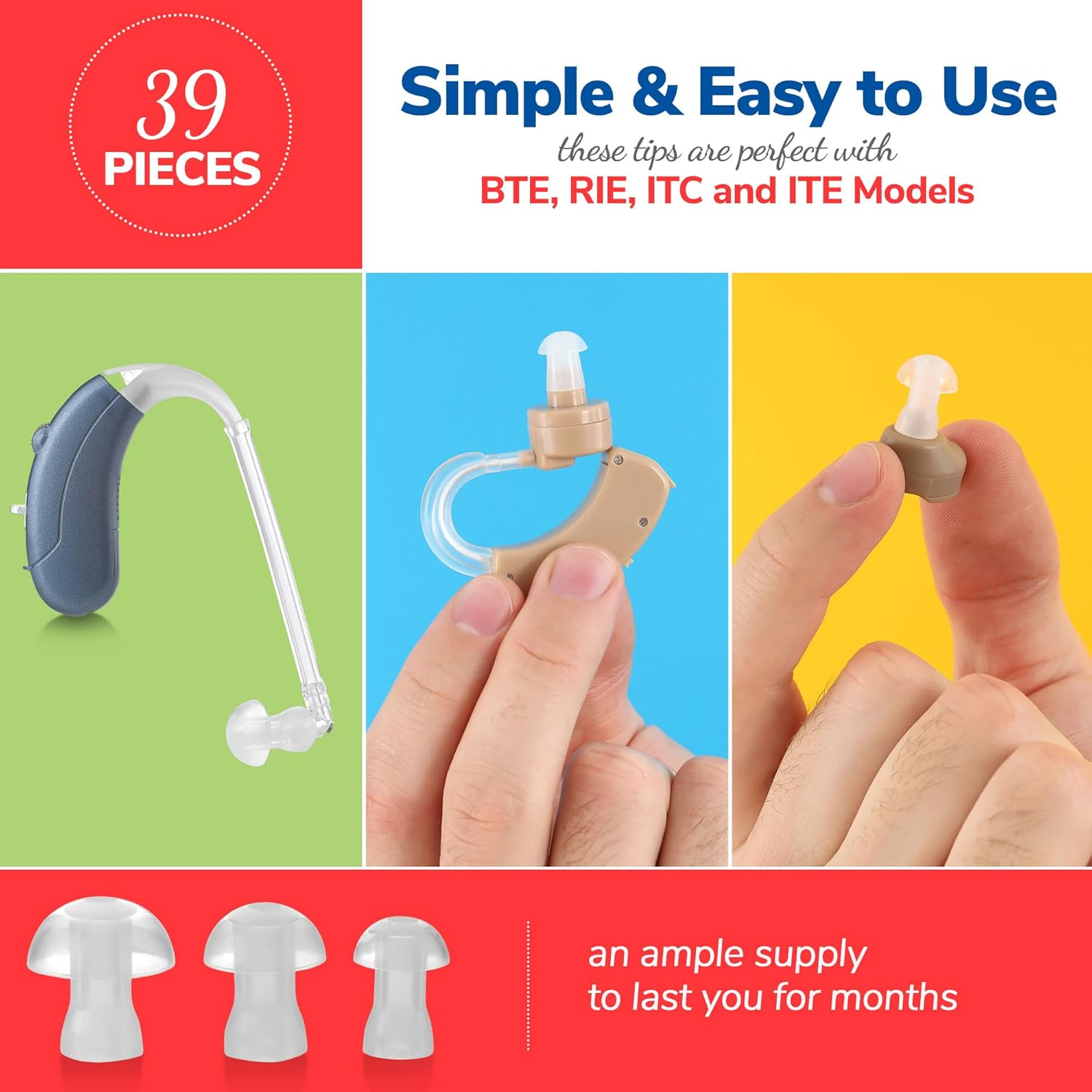Hearing Aid Domes - (39 Pcs) Universal Domes for Hearing Aids - Sizes Small, Medium, Large & X-Large Earbud Replacements and BTE Hearing Sound Amplifiers image number 4