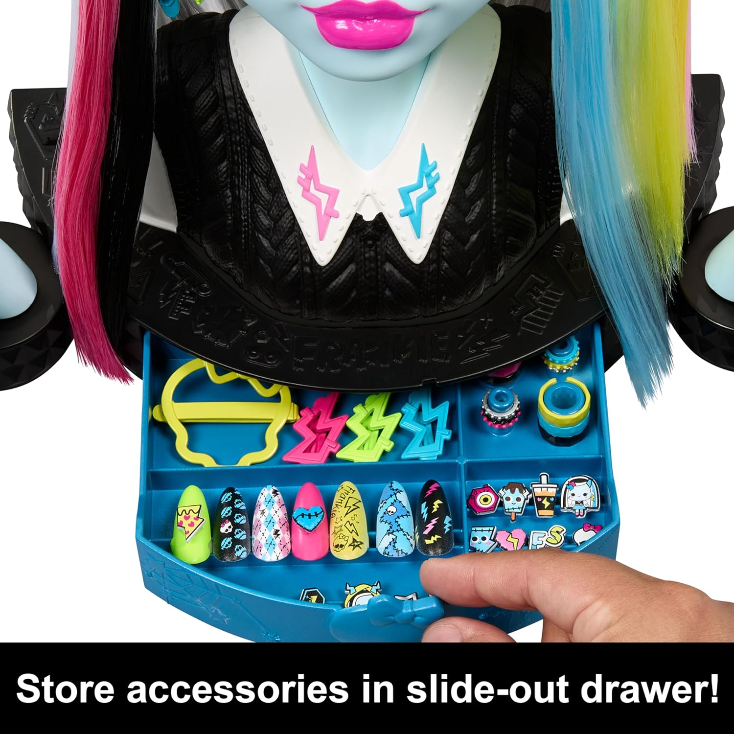 Monster High Frankie Stein Doll Head for Hair Styling with 65+ Accessories Including Wear & Share Nails, Hair Ties, Barrettes and Stickers image number 4