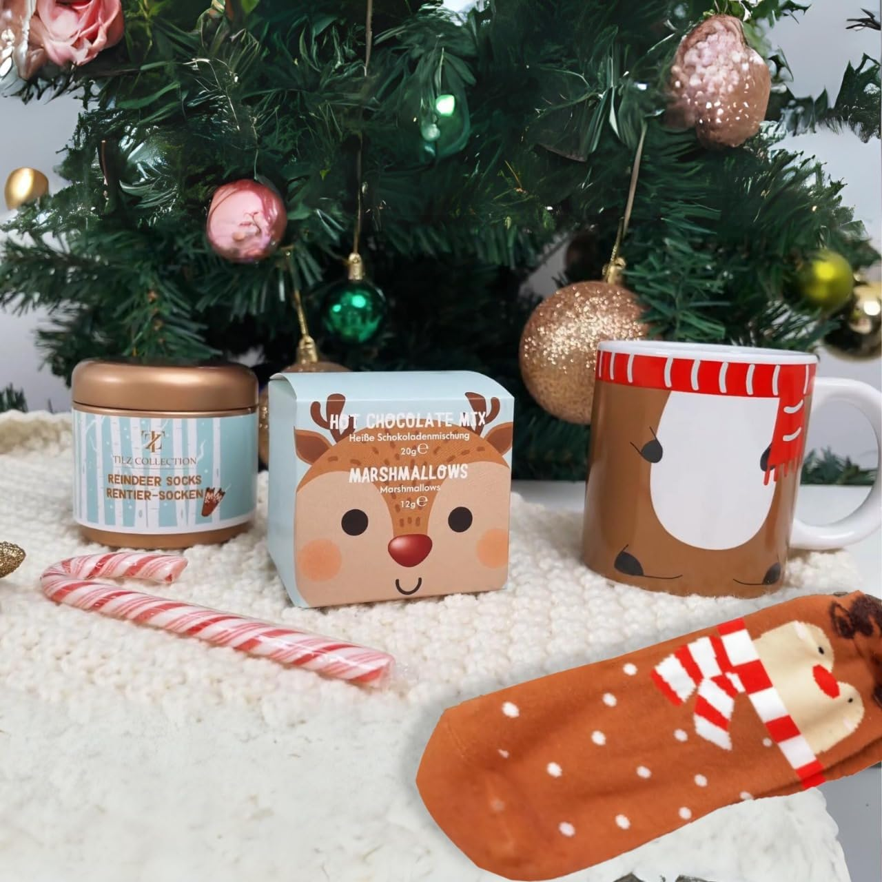 Hot Chocolate Gift Set with Mug, Socks and Candy Cane - Reindeer Set for Kids, Mini Cocoa Cups (With Socks) image number 2