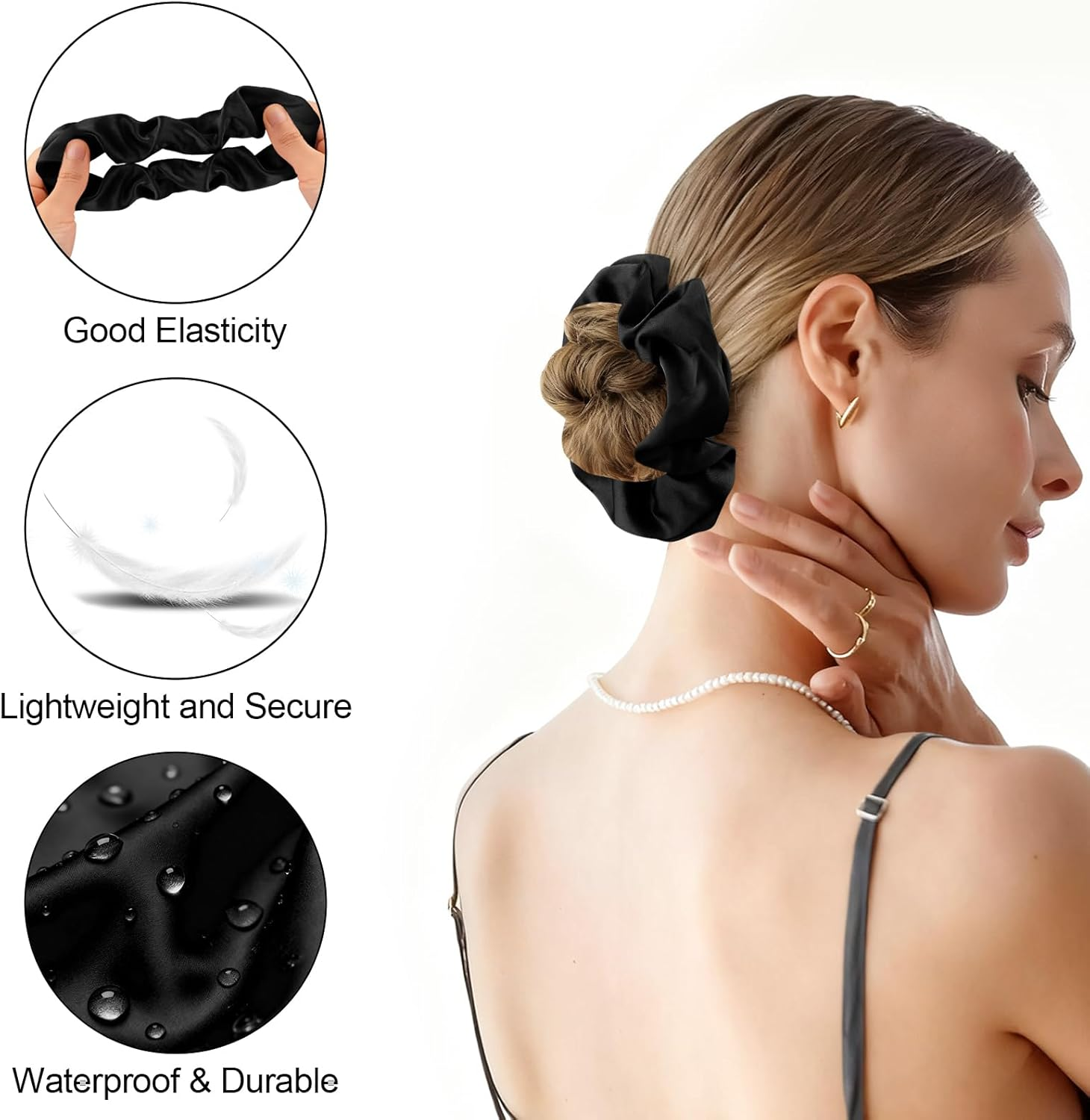 Leonids Satin Hair Scrunchies for Women, Silk Hair Scrunchies for Girls, Elastic Hair Bands (Black+Black+Black) - Black+White+Pink image number 7