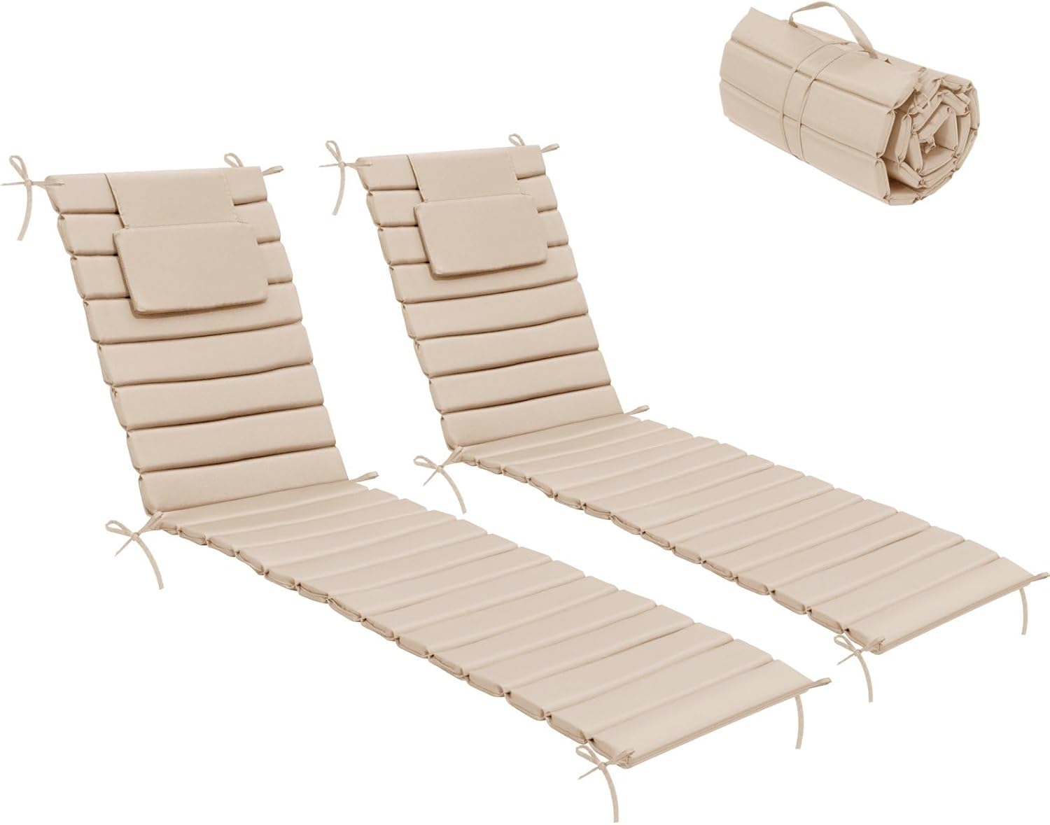 Crestlive Products Chaise Lounge Cushion Outdoor Set of 2, Waterproof Foldable Pool Lounge Chair Cushions with Straps, Lounger Cushions for Outdoor Furniture, Patio, Lawn, 80''Lx26''W (Beige) image number 3
