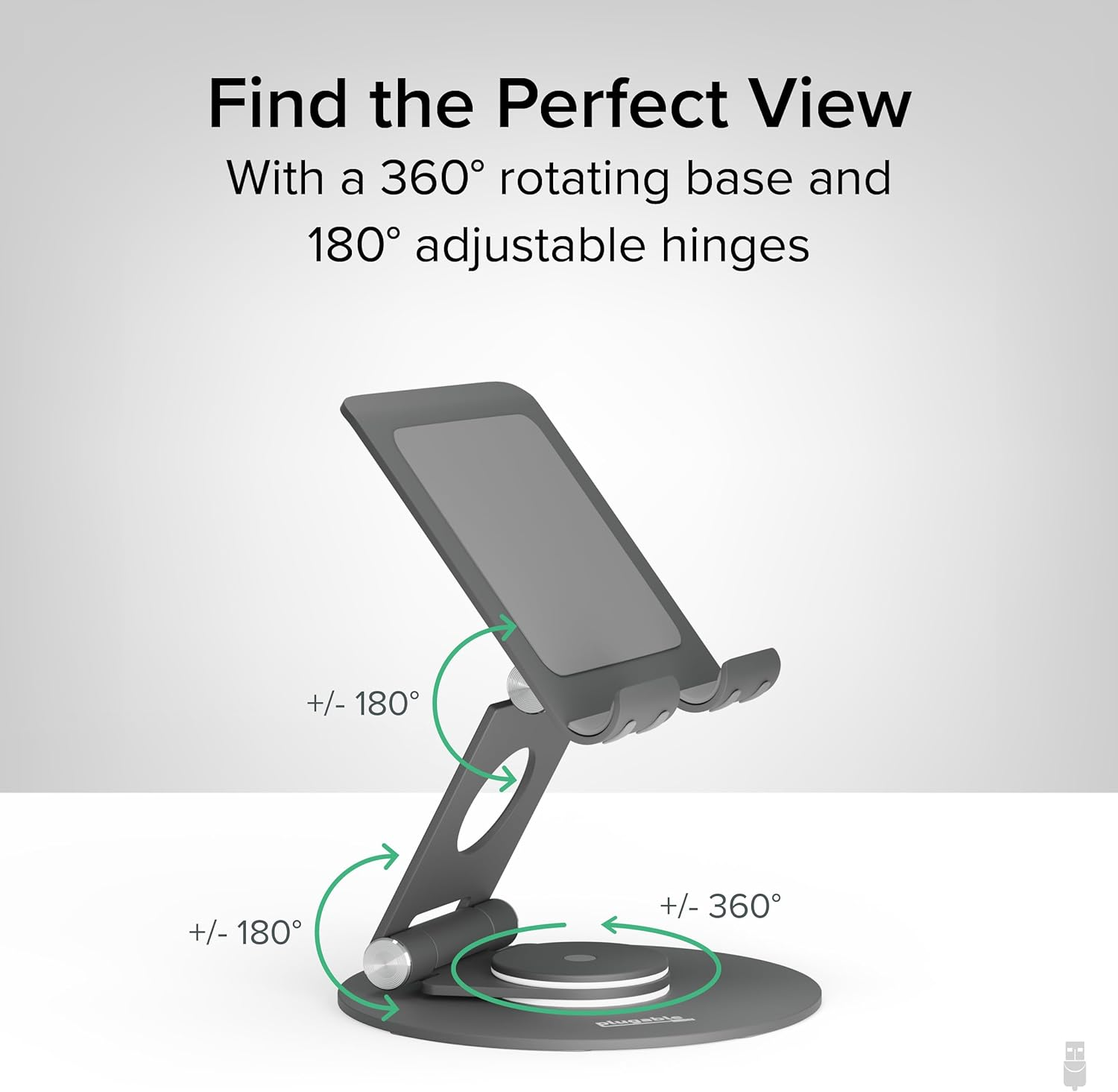 Plugable Swivel Tablet Stand Holder, 360&deg; Rotating Base Tablet Holder for Phones and Tablets up to 12.9", Adjustable and Foldable Ipad Stand for Desk, POS, Kitchen, Drawing (PT-STAND1)
