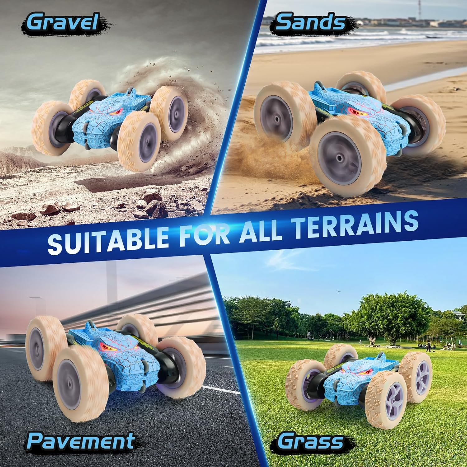 Remote Control Car for Kids &ndash; 2.4Ghz Dinosaur Monster RC Stunt Car - 360&deg; Rotating Drift with LED Lights - Rechargeable 4WD Toy for Boys and Girls Ages 6+ - Indoor/Outdoor RC Vehicle (Blue) - Blue image number 2