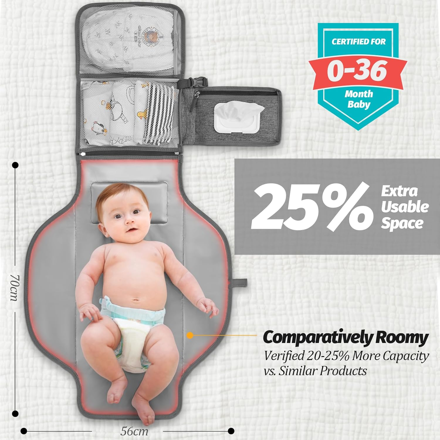 Changing Mat on the Go - Portable Changing Mat for Baby with Wipe Bag, Waterproof and Easy to Clean, Grey image number 3