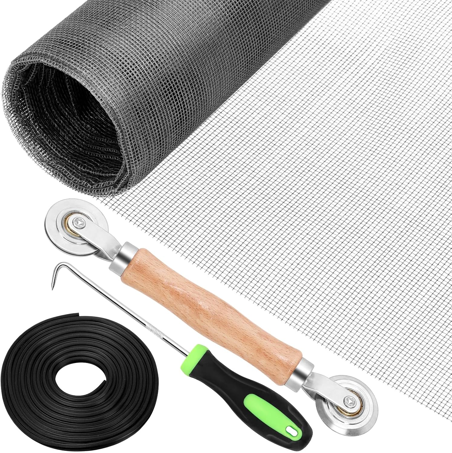 Swpeet 4Pcs Screen Repair Kit, Include Black Screen Mesh, Double Sided Screen Roller, Window Screen Hooks, Retainer Spline, for Replacing & Installing Door and Window Screens
