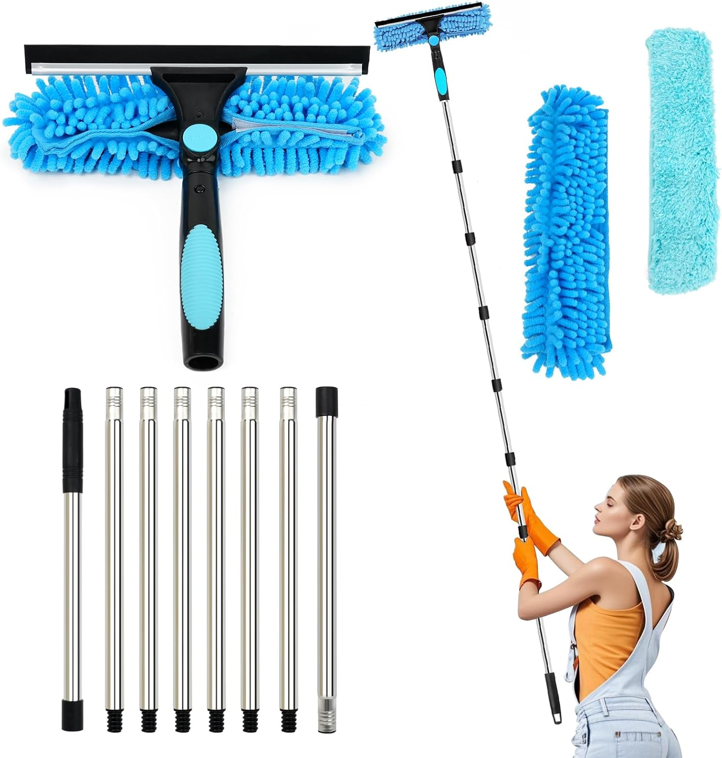 Lapluied 4M/157" Long Reach Window Cleaning Equipment, 3 in 1 Telescopic Window Cleaner, 270&deg; Rotating Squeegee Window Cleaning Kit with 10 Extendable Pole for Indoor/Outdoor High Window,Orange