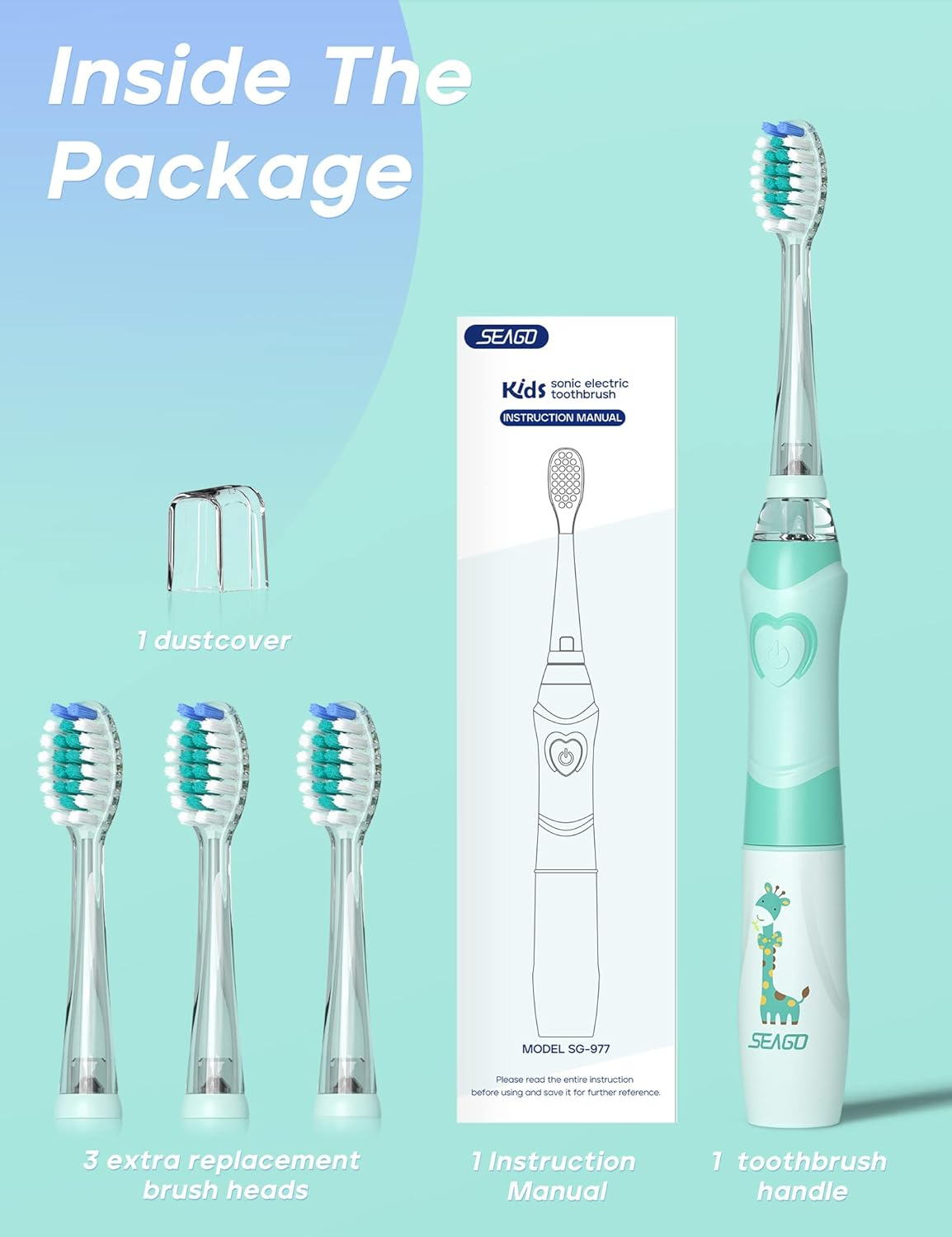 Kids Electric Toothbrush Sonic Toothbrush, Soft Battery Powered Tooth Brush with Smart Timer,Waterproof Replaceable Deep Clean for Kids(Age of 3+)，Travel Toothbrush by SEAGO Sg977(Green) image number 6