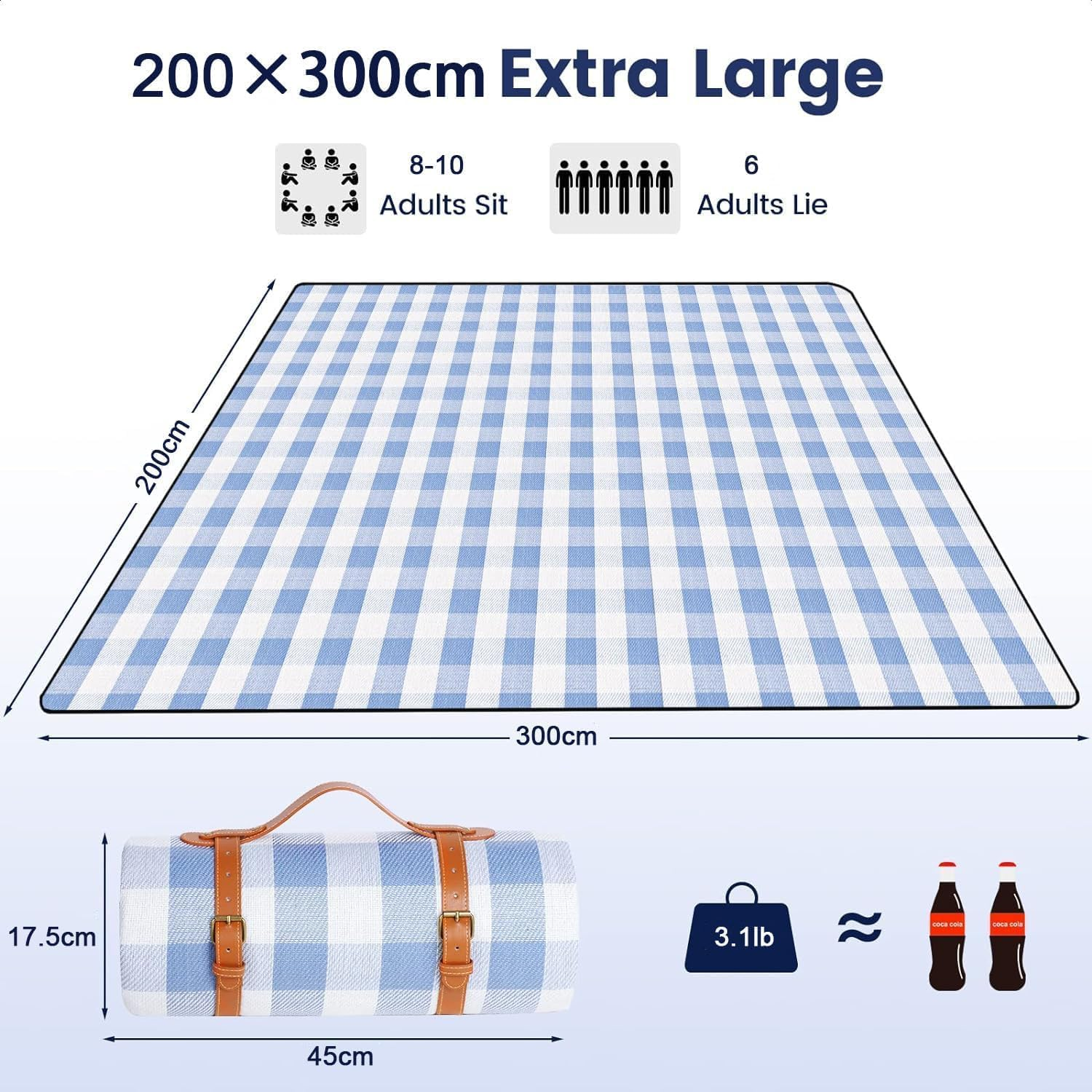 Picnic Blanket Extra Large, Waterproof and Foldable Beach Blanket, 3-Layer Outdoor Blanket for 6 to 8 Adults, for Camping, Park, Beach, Grass, Indoors (White & Blue Grids, 200&times;300Cm) image number 4