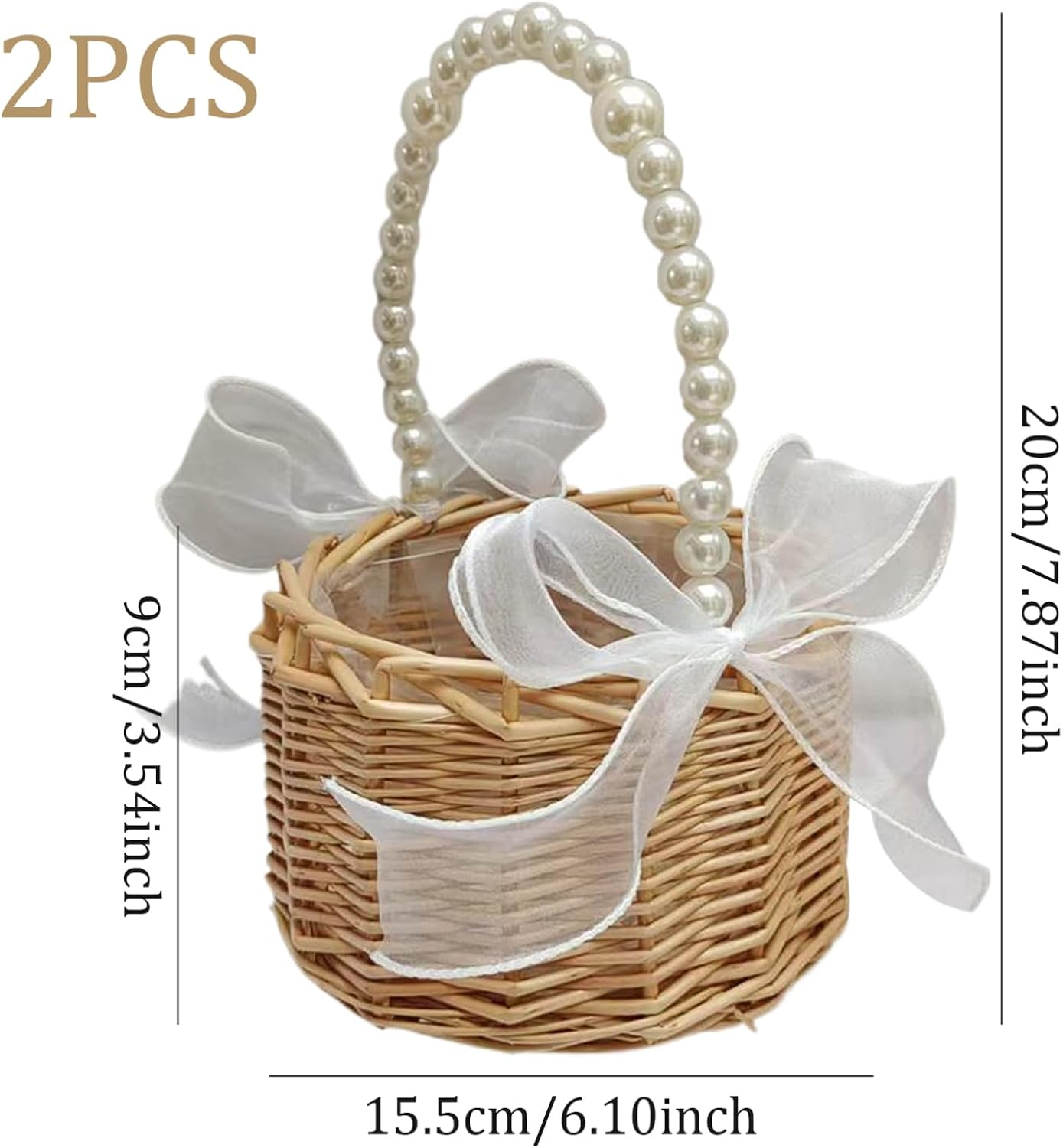 Flower Girl Basket Set of 2 Rattan Flower Basket with Pearl Handle and Bow Decorative Flower Girl Baskets for Weddings Ceremony Style1 Flower Basket Flower Girl Basket Set of 2 Flower Girl Baskets Fo