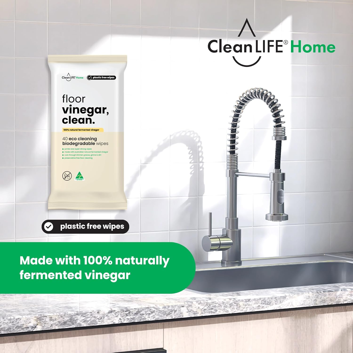 Cleanlife Floor Cleaning Wipes &ndash; Vinegar, Clean, 100% Natural Fermented Vinegar (9.99% Acetic Acid), Food Safe, Plant-Based, Preservative-Free, 40 Wipes, 5-Packs image number 1