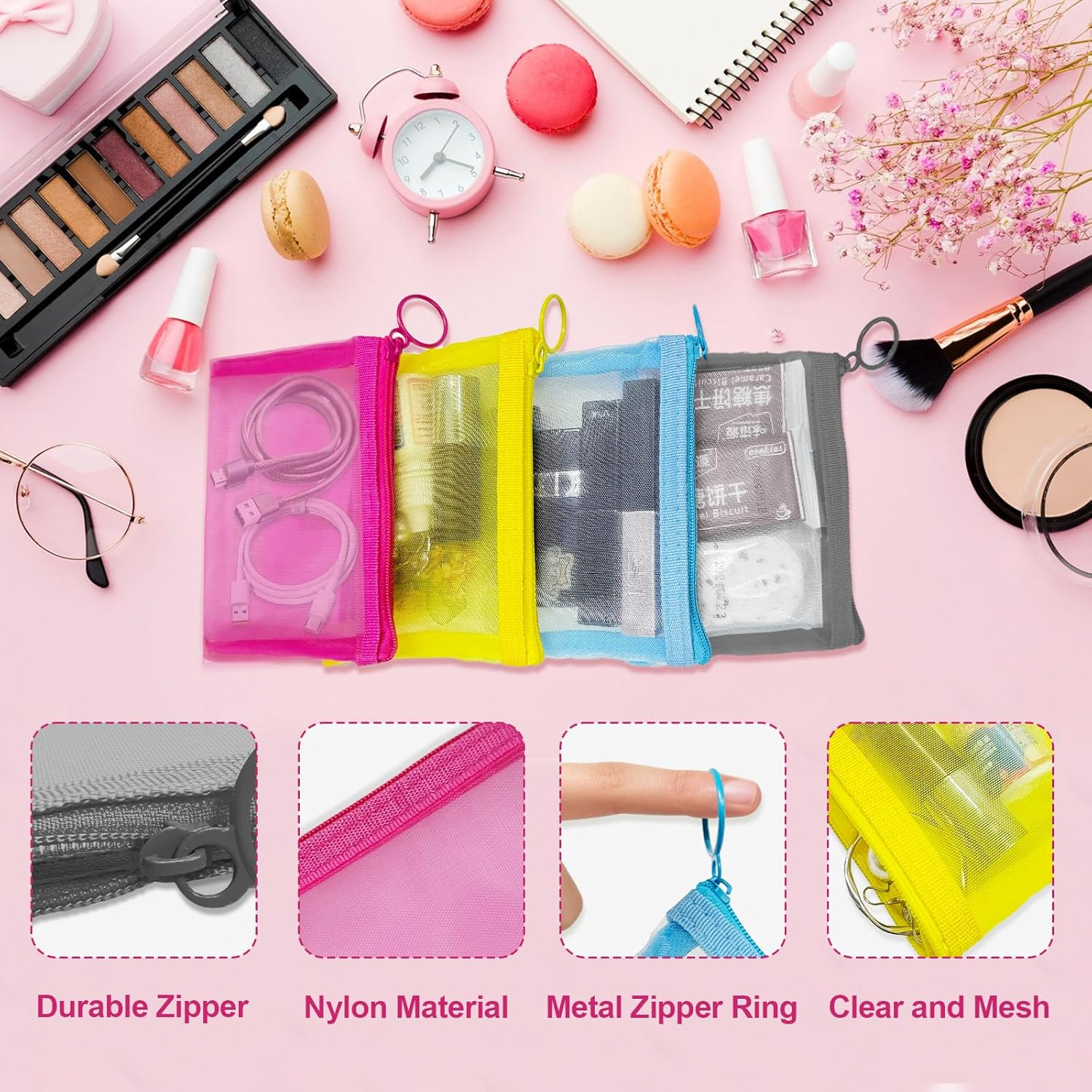 Nylon Makeup Bag Cosmetic Pouches Travel Organizer Case for Purse Diaper Bag Home Organizing Striped Multi Size, Mix 4 Colors, Mini 4 Colors 4 Pcs, Fashion image number 4