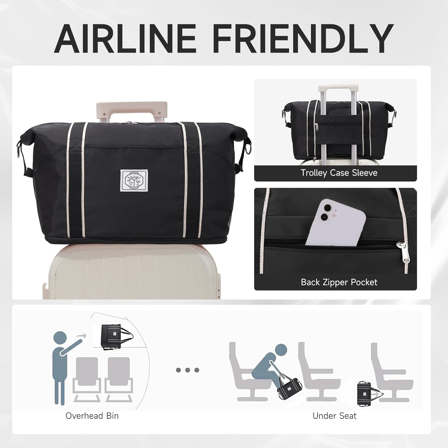 WALNEW Travel Duffle Bag, Carry on Bag for Women Men, Foldable Overnight Weekender Duffel Bags, Large Gym Tote Bag with Metal Buckle Detachable Shoulder Strap and Wet Compartment, Black - Klein Blue image number 7