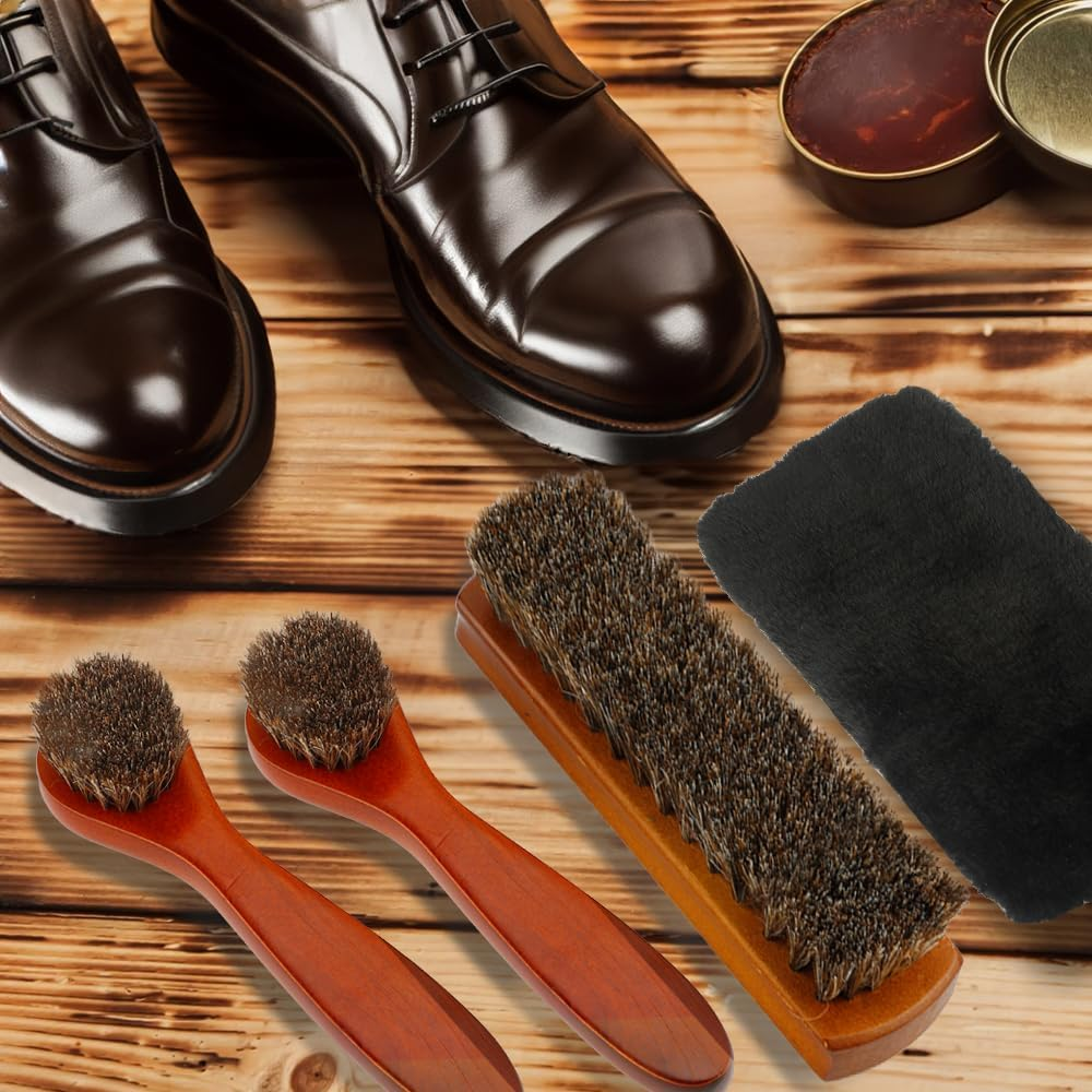 Shoe Brush 4 Pieces Horsehair Shoe Brush Shoe Brush Polish Kit Horse Hair Brush for Leather Cleaner Brush with Shoe Shine Cloth Leather Shoes Boot Cleaning Brush Care Clean Dauber Applicators image number 5