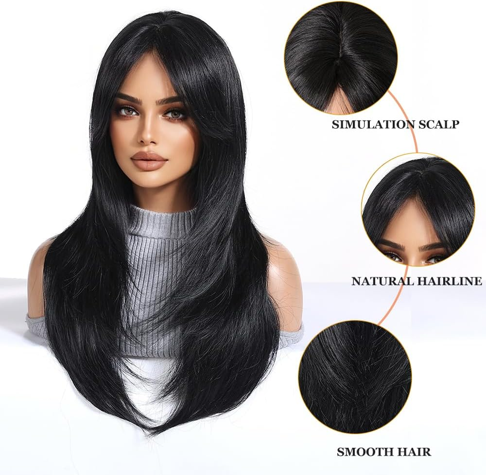 Esmee Long Straight Black Wigs for Women Synthetic Layered Brunette Synthetic Hair Wig with Fringes for Daily Party Cosplay Use 24 Inches image number 4