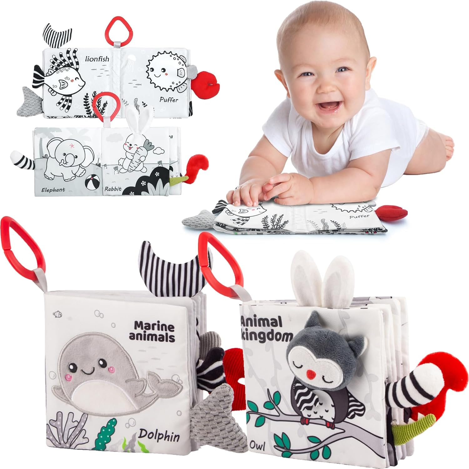 2Pcs Soft Baby Book Black and White High Contrast Animals Tails Book Bath Book Montessori Sensory Stroller Toy Non-Toxic Crinkle Washable Early Education for Baby Infant Toddler image number 2