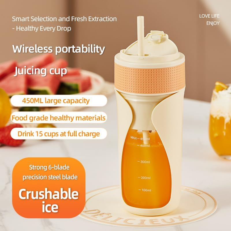 2025 Portable Blender Juicer 450Ml Rechargeable Cordless Smoothie Maker, Ready to Drink, Type-C Charging, Travel Juice Blender for Gym/Office/Camping. (Orange) image number 3
