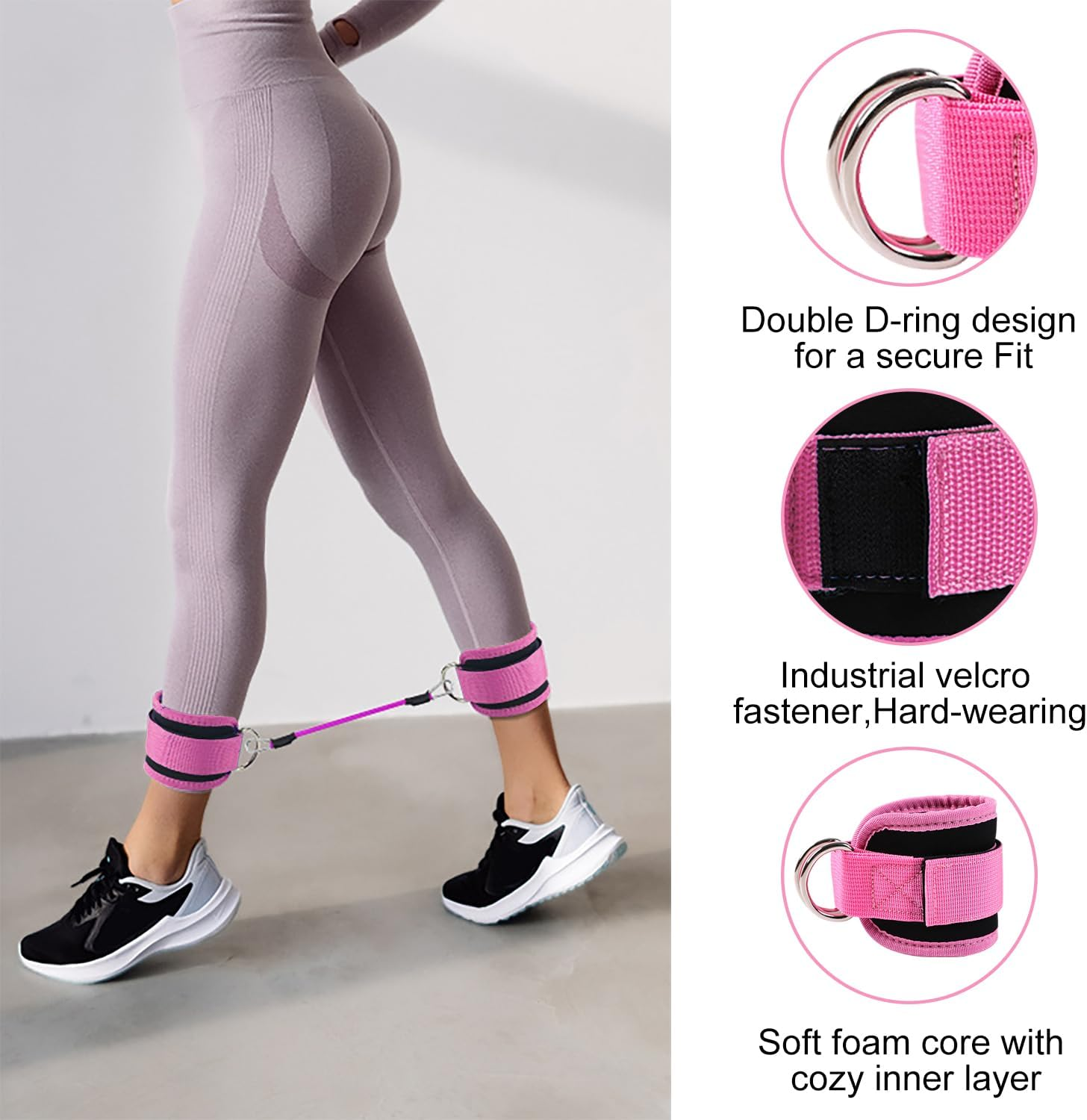 Icovalescent Pack of 2 Foot Straps Cable Pull, Weight Cuffs, Fit Grip Lifting Straps for Fitness, Gym, Workout, Cable Machines, Strength Training Equipment (Pink)