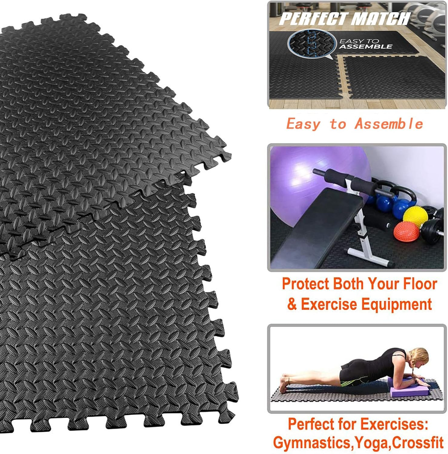 Exercise Puzzle Foam Mats &ndash; 24 Tiles, 30Cm&times;30Cm&times;1Cm (12"&times;12"&times;0.39") Each, Gym Flooring for Home Workouts Black image number 6