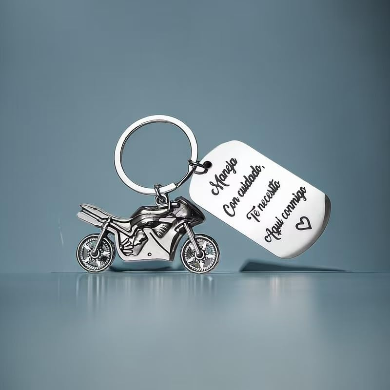 Spanish Motorcycle Keychain with Love Message Tag, Metal Charm with Inspirational Quote, Silver image number 3