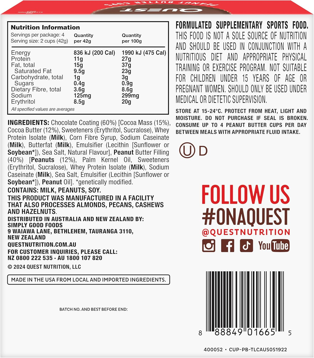 Quest Nutrition Peanut Butter Cups, High Protein, Low Carb, Keto Friendly, 4 Count image number 1