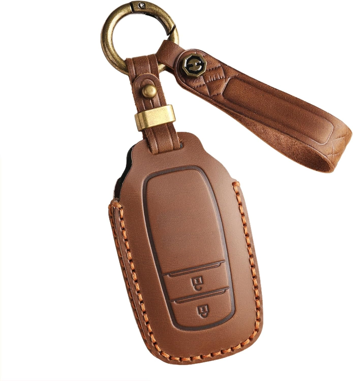 Ontto Cowhide Car Key Cover Fit for Toyota RAV4 Corolla Hilux Landcruiser Prado Camry Yaris Cross Highlander Key Holder Leather Case Keyring Keychain Smart Shell Accessories 3 Buttons Brown
