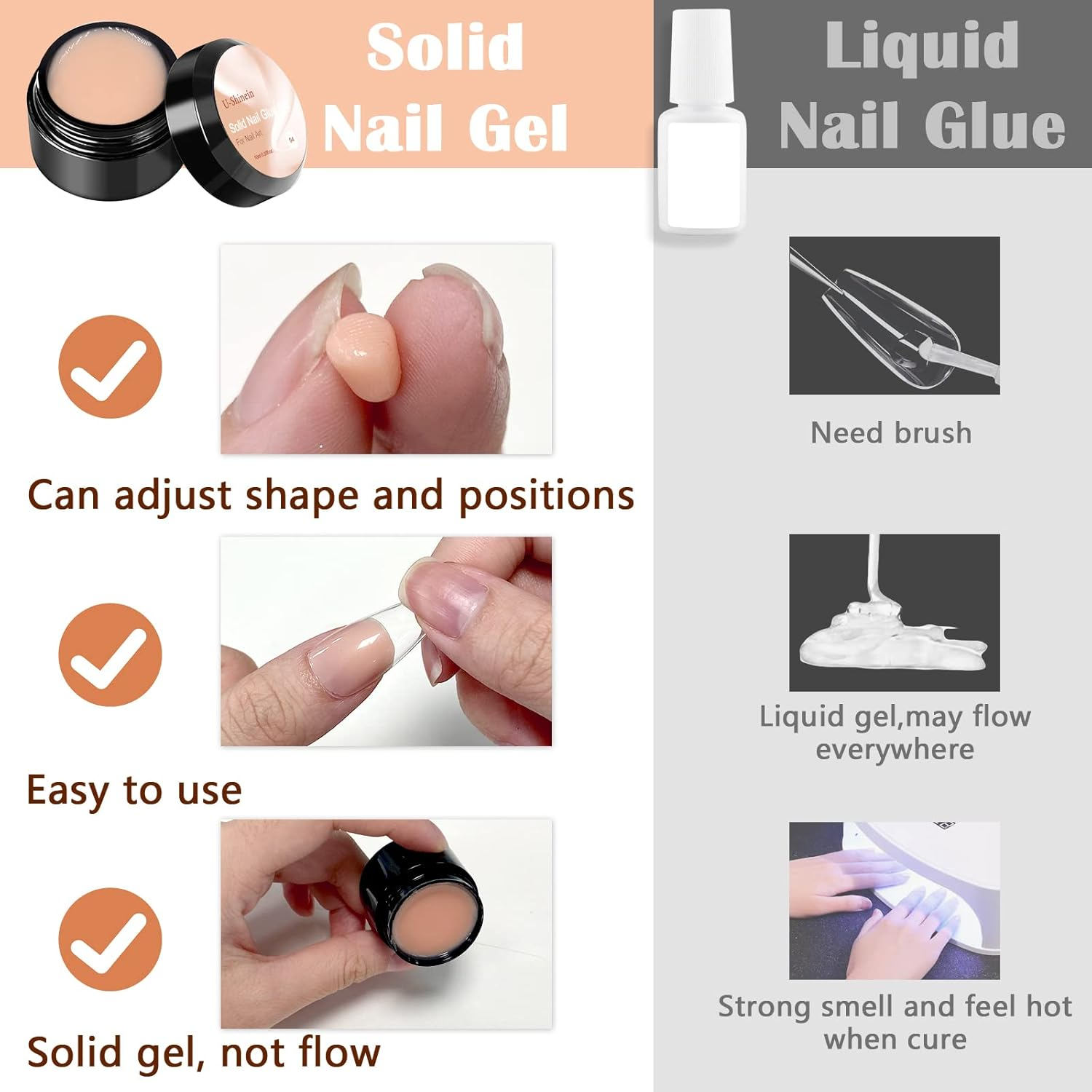 U-Shinein Solid Nail Glue Gel, Clear Nude Nail Glue Gel for Acrylic Nails Tips, Press on Solid Glue Gel, Nail Art Manicure Glue Gel, Need UV/LED Lamp Longer Cure 2X10Ml - Clear+Nude image number 5