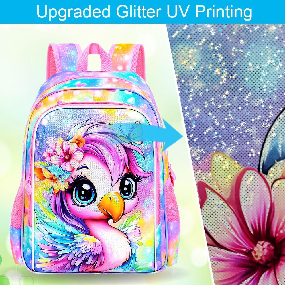 ZLYERT 3Pcs Flamingos Backpack for Girls, 16" Kids School Backpacks with Lunch Box, Bookbag for Elementary Preschool Kindergarten (Pink) image number 3