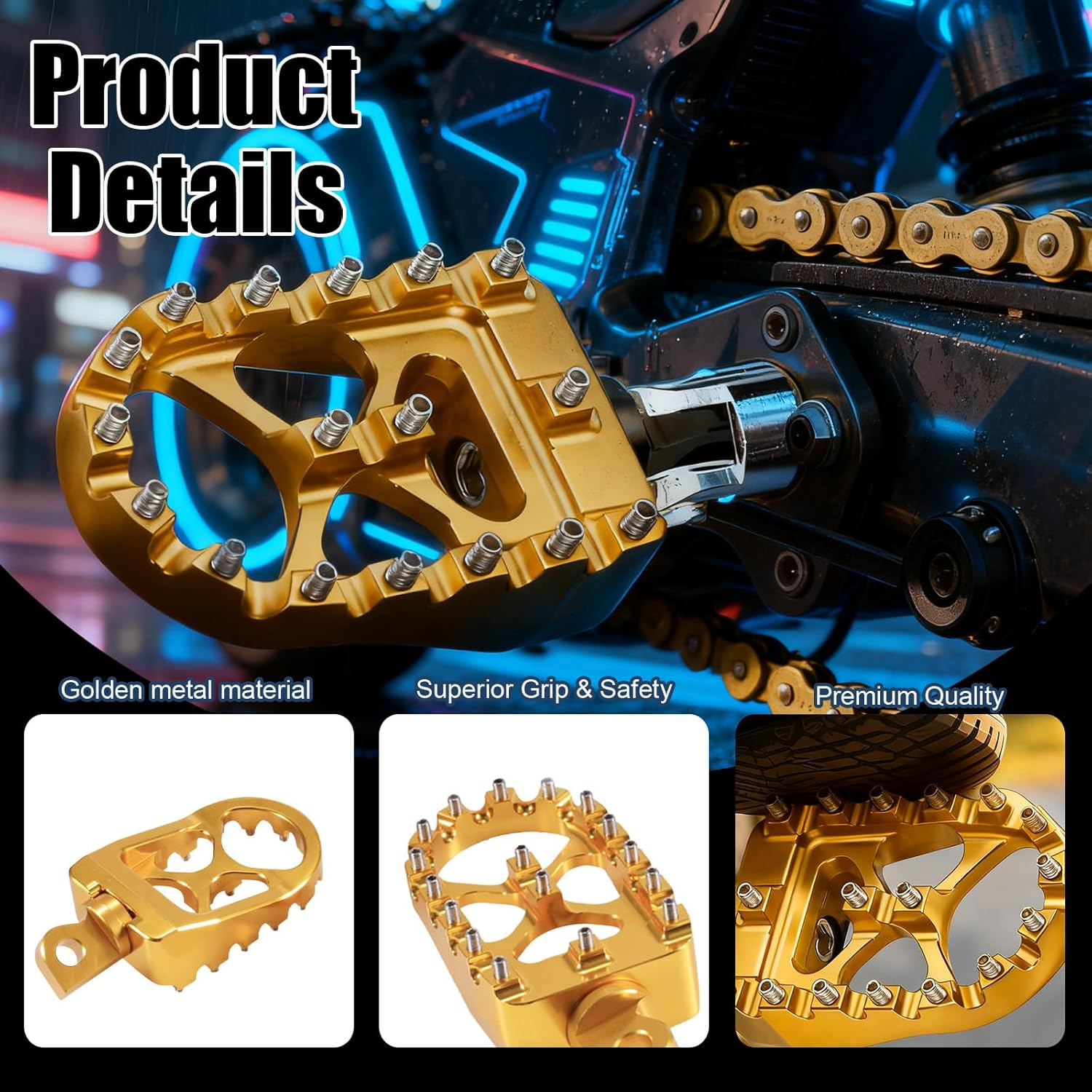 2Pcs for Harley-Davidson 883 Dyna Sportster Fatboy Pedals, Wide 360&deg; Rotating Anti-Slip Pedals, High-Performance Bike Pegs Parts, Off-Road Modified Bikes, Cnc Aluminum Alloy (Gold) image number 3