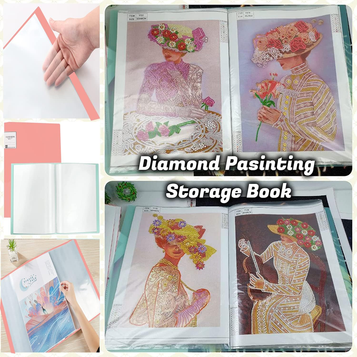 2Pcs A3 Diamond Art Painting Storage Book, Diamond Art Portfolio Folder with 30 Pags Clear Pocket Slevees Protectors, A3 Storage Book with Handle,Large Artwork Report Sheet Letter Poster Storage Bag