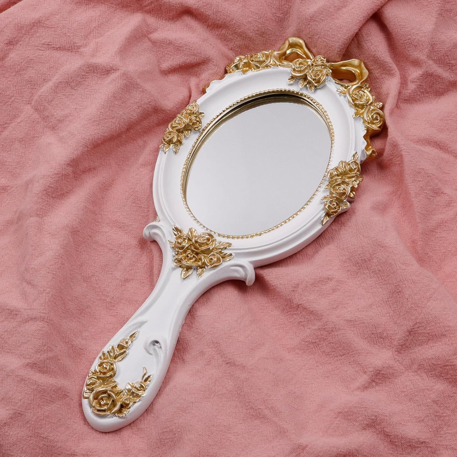Bitray Handheld Mirror 10" Length Vanity Makeup Mirror Large Decorative Cosmetic Mirror Vintage White Oval Embossed Rose Mirror image number 2