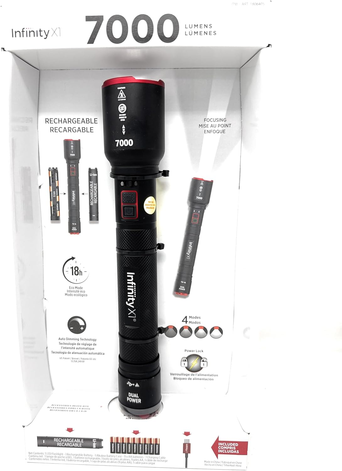 Infinity X1 7000L Dual Power Rechargeable Flashlight,7000 Lumen CREE LED with Adjustable Focus and Heat Lock image number 1
