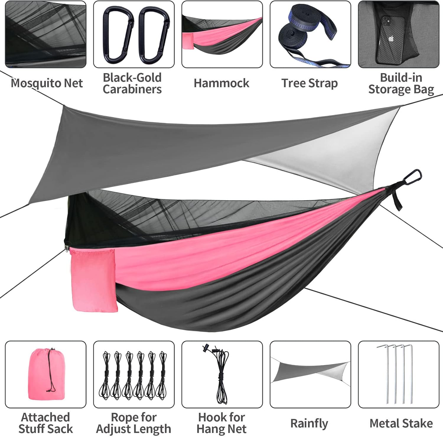 Camping Hammock Pink Grey Hammocks with Mosquito Net Tent and Rain Fly Tarp Portable Single & Double Nylon Parachute Hammock with Heavy Duty Tree Strap Outdoor Backpacking Survival Travel image number 3