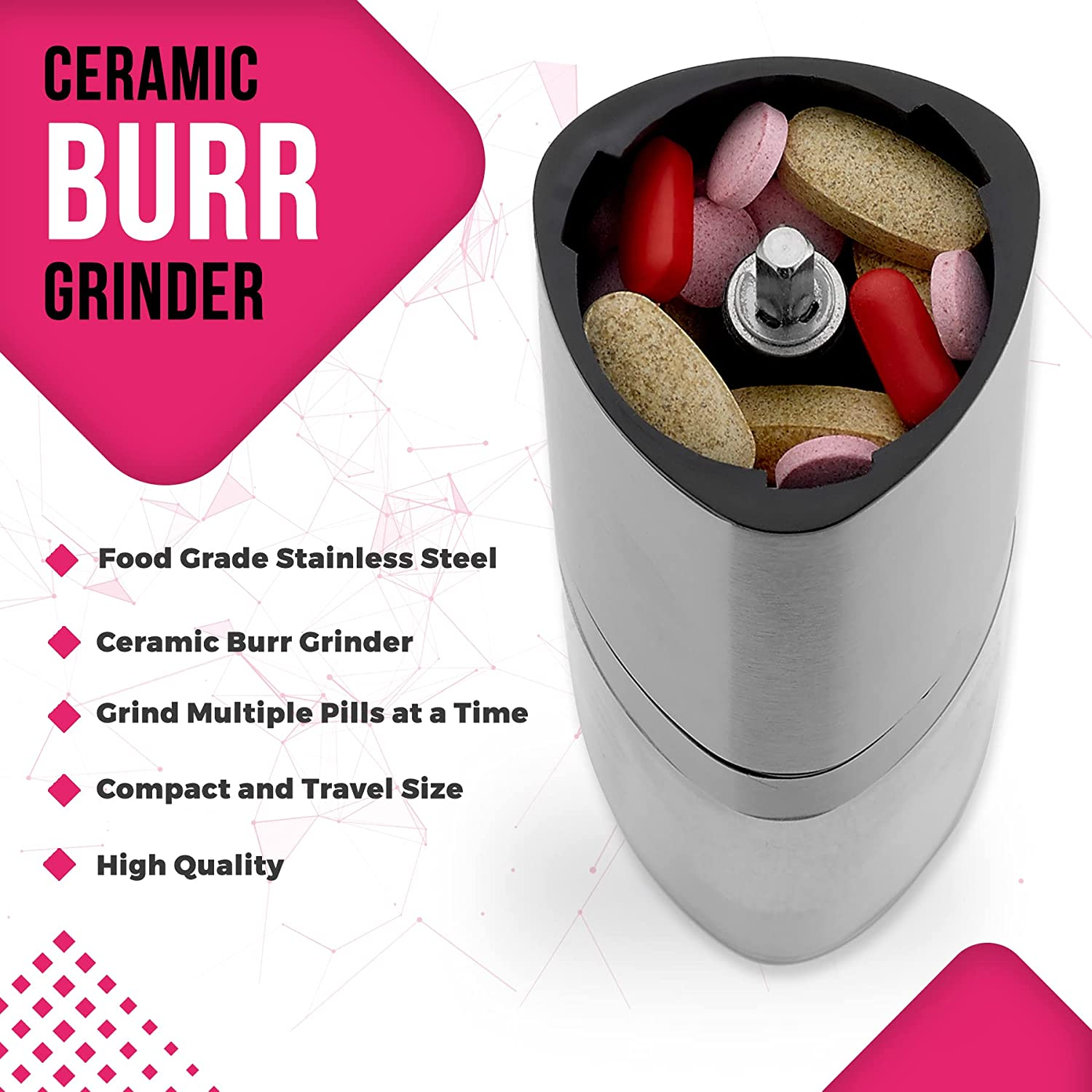 Pill Grinder - Pro Manual Pill Mill Crusher and Cutter Crush, Grind and Pulverize Multiple Pills and Tablets to Fine Powder Use for Seniors, Feeding Tubes, Kids or Dogs, Cats, & Pets