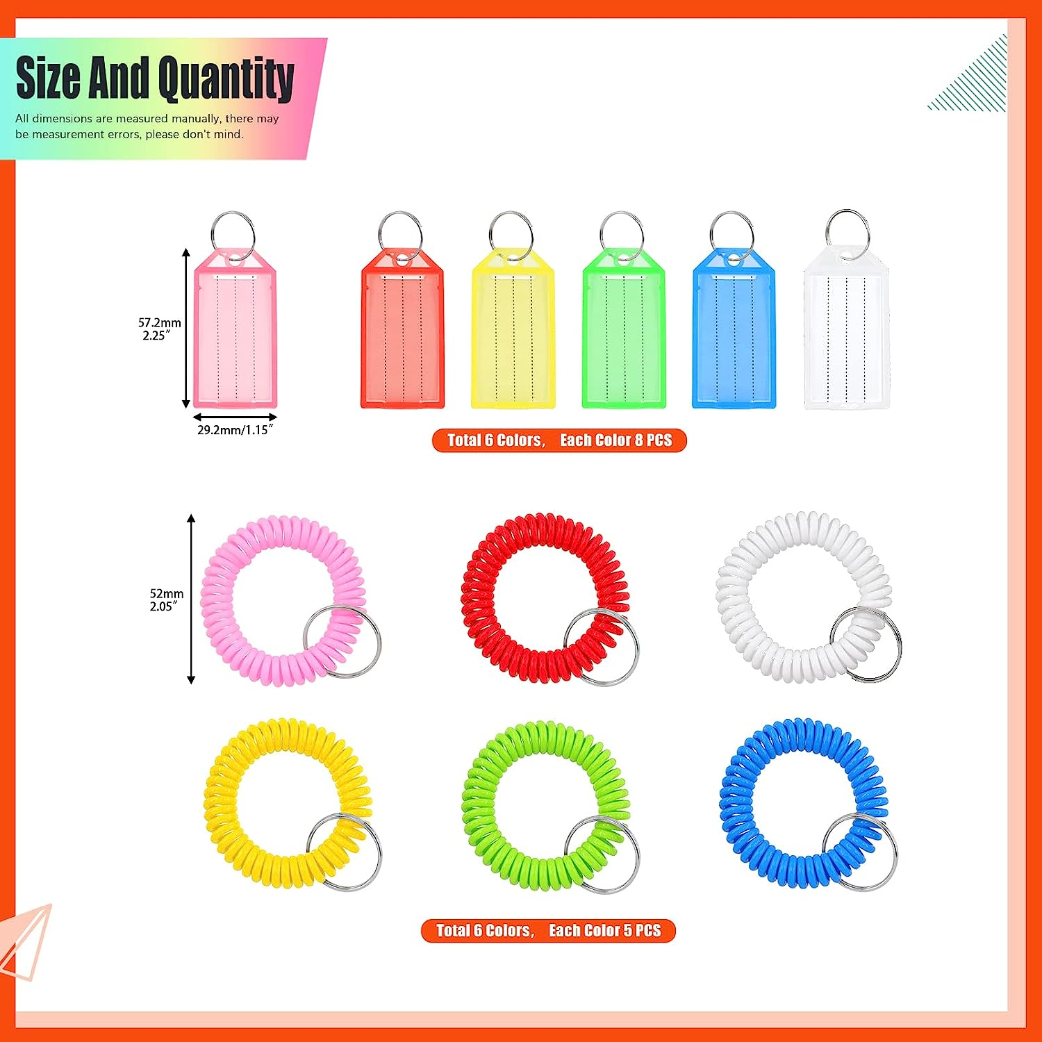 Tanstic 78Pcs 6 Colors Tough Plastic Key Tags and Stretchy Keychain Bracelet Kit, Plastic Key Label with Split Ring and Label Window Key Chain Tags Wrist Coil Keychain Wristband Key Ring image number 5