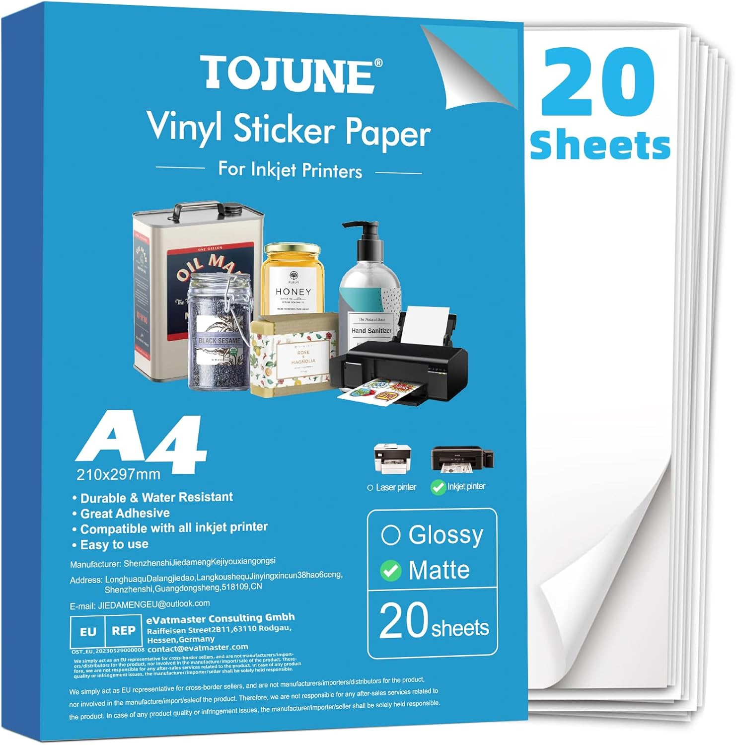 TOJUNE Printable Vinyl Sticker Paper for Inkjet Printer, A4-21X29.7 Cm - 8.27"X11.69", Waterproof, Arbitrary Cutting, Adhesive Backing, Stable Adhesion (White Glossy (20 Pcs))
