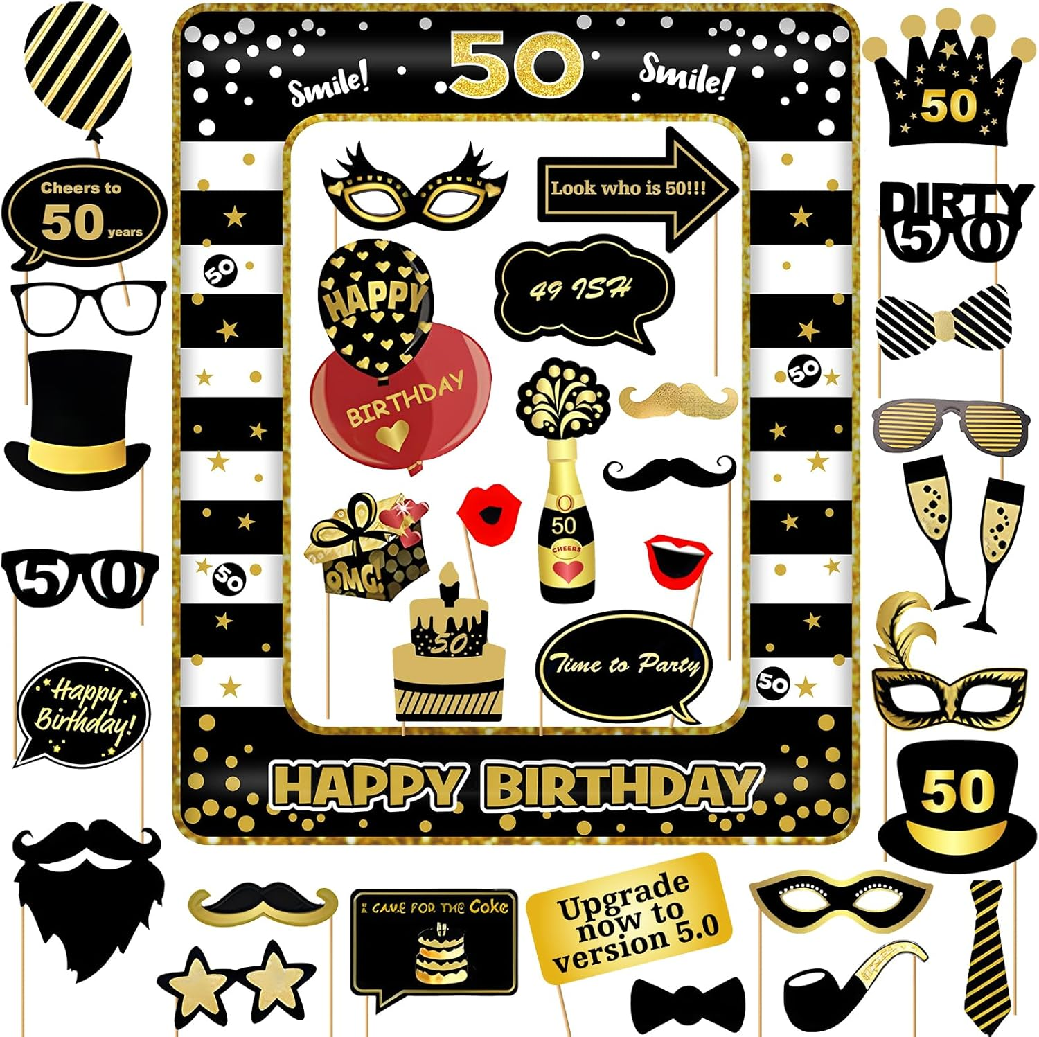 50Th Birthday Photo Booth Props and Inflatable Selfie Frame, 35 Pcs 50Th Funny DIY Birthday Party Props for Women Men, Black Gold Inflatable Party Photo Booth Frame