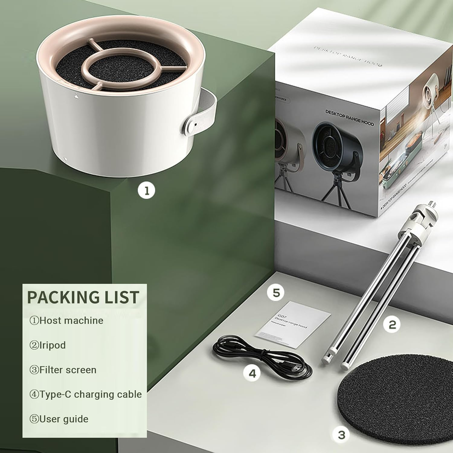 GRODLEN 3-Speed Desktop Portable Kitchen Exhaust Fan Stove Air Range Hood Smoke Filter Extractor Purifier for Cooking BBQ (White) image number 5