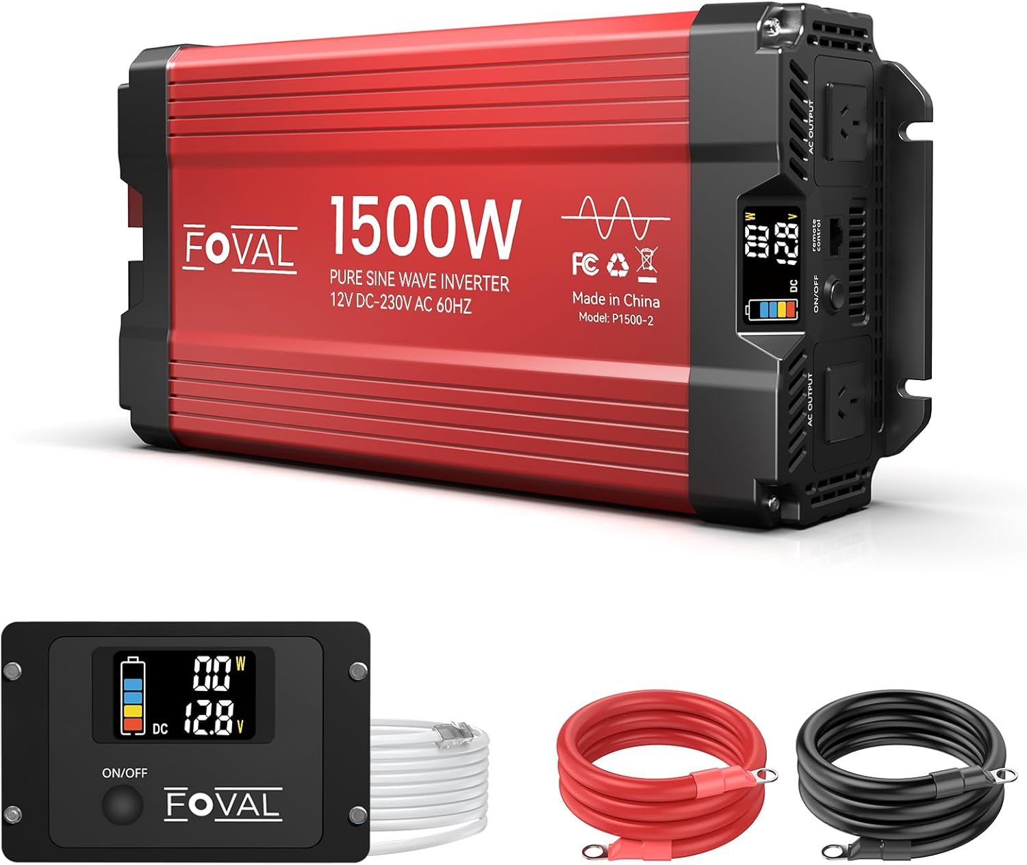 FOVAL 1500W Pure Sine Wave Inverter 12V DC to 230V AC Converter, 3000W Peak Power Inverter with LCD Display and 2 AC Outlets for Home, RV, Truck, and Off-Grid Solar System, Remote Controller image number 2