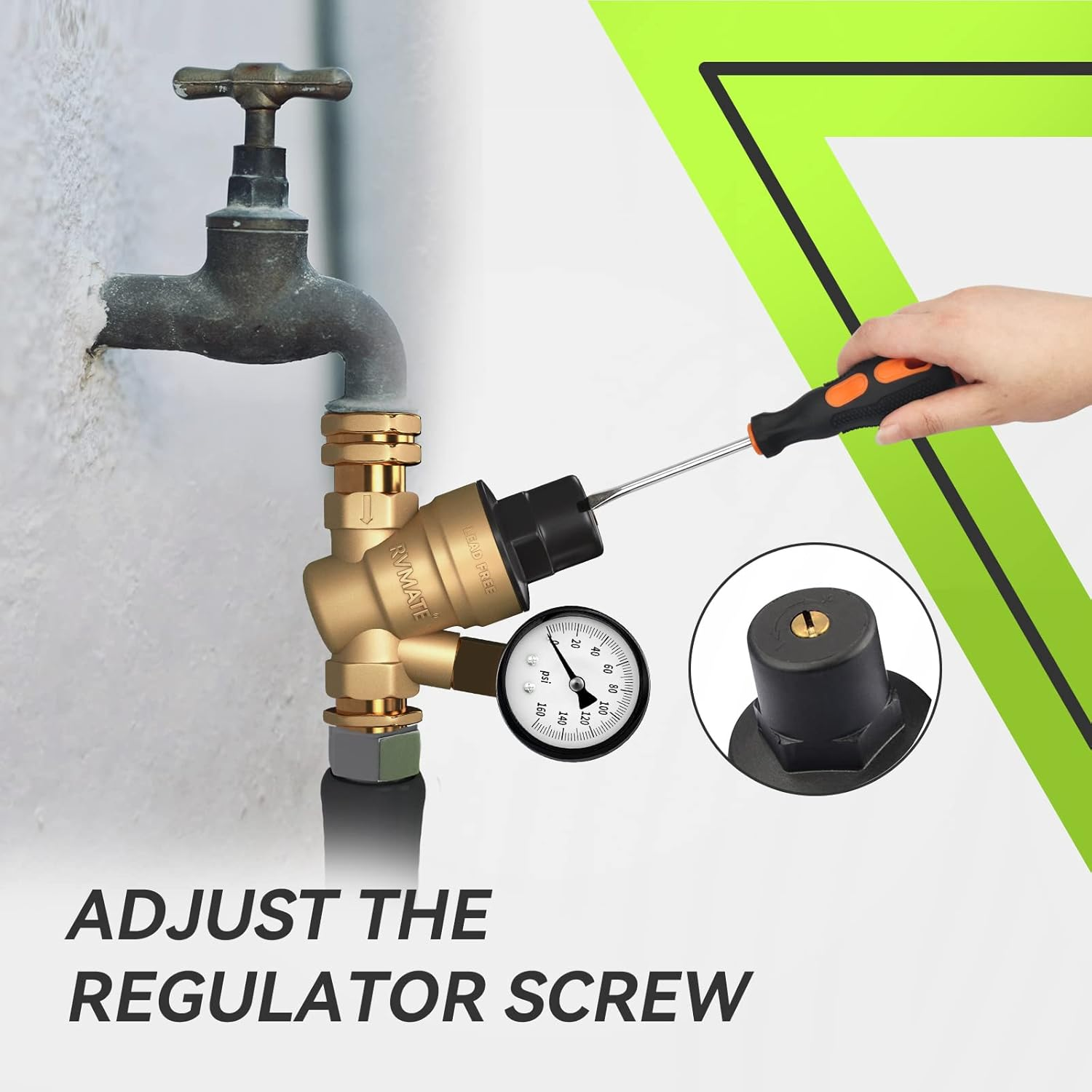 RVMATE RV Water Pressure Regulator, Brass Lead-Free Water Pressure Reducer Kit, Adjustable Valve with Inlet Screen Filter, for Camper Travel Trailer image number 6
