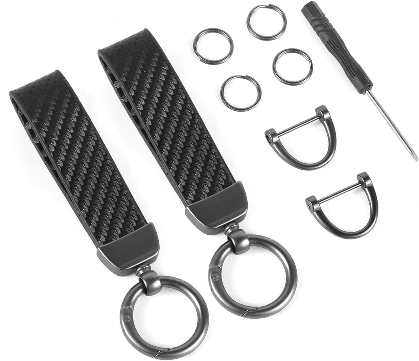 2Pcs Carbon Fiber Leather Car Keychain, 360&deg; Rotatable Swivel Key Chain Holder with Screwdriver for Women Men image number 3