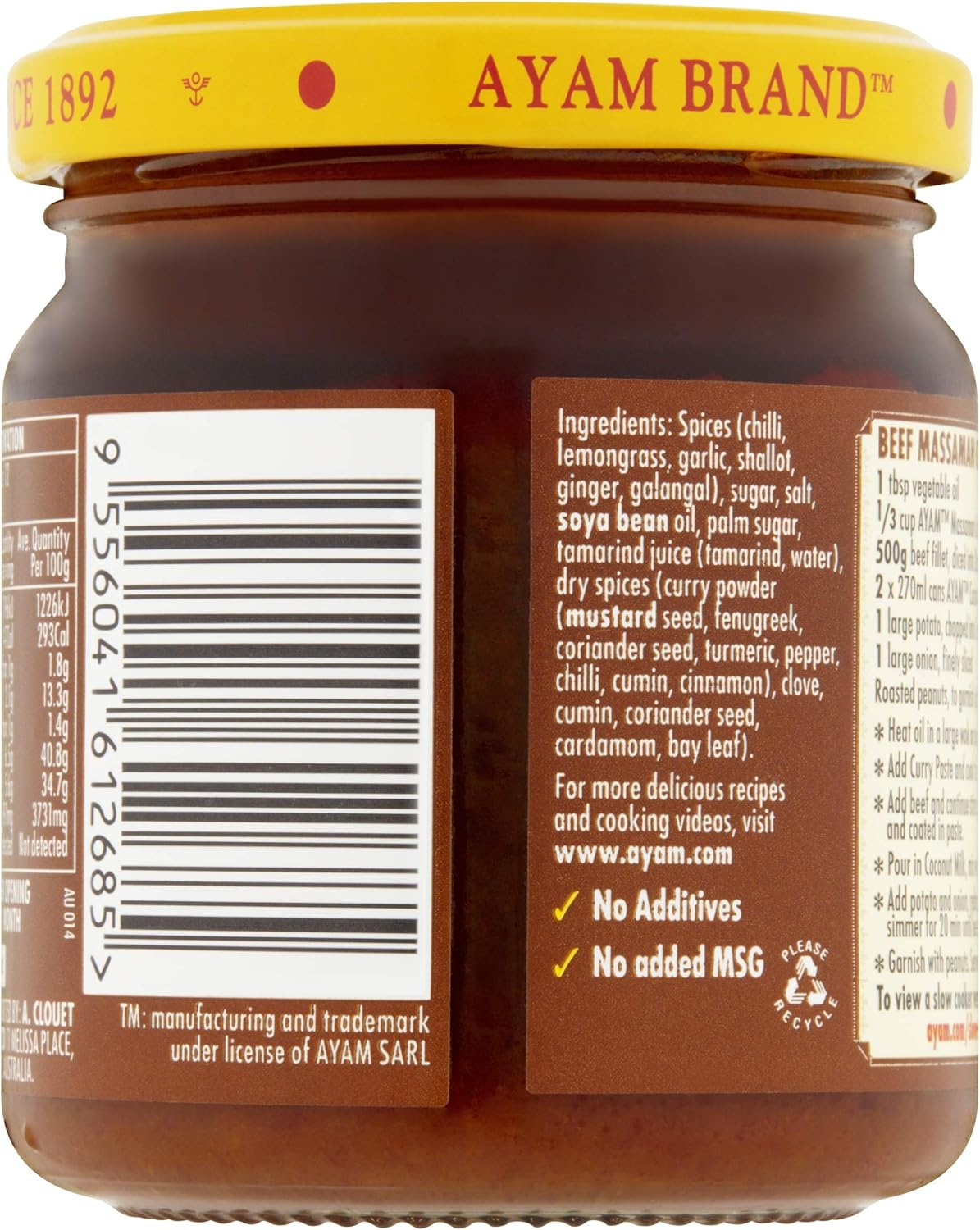 AYAM Thai Massaman Curry Paste | 100% Natural | High Quality | Subtle, Mild & Sweet | Gluten, Dairy, Nut, Egg & Shellfish Free | for Vegans | Great Taste | No Additives & No Added MSG - 6 X 195G